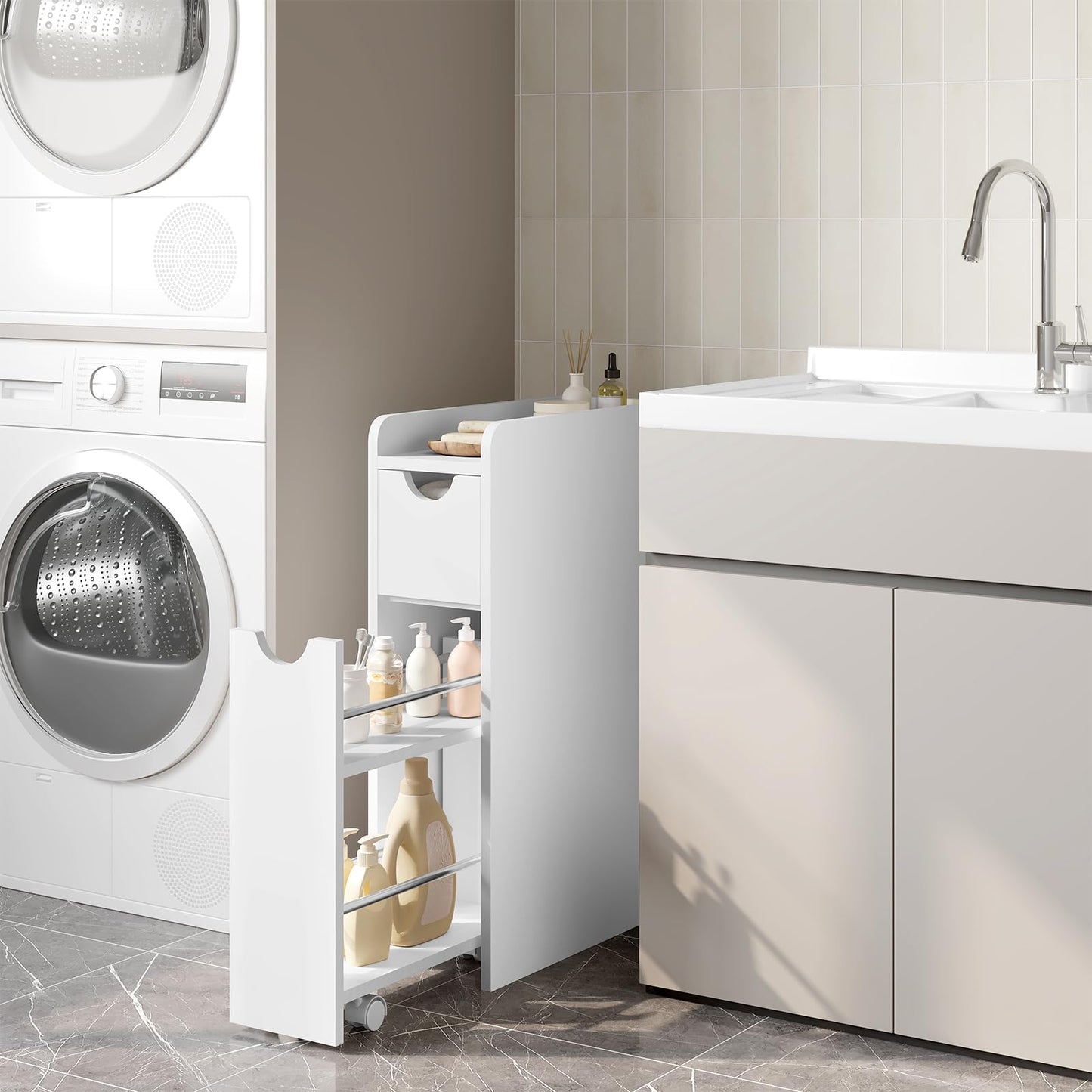 EUGAD meuble de salle de bain étroit - meuble de rangement indépendant - avec tiroir sur roulettes - blanc
