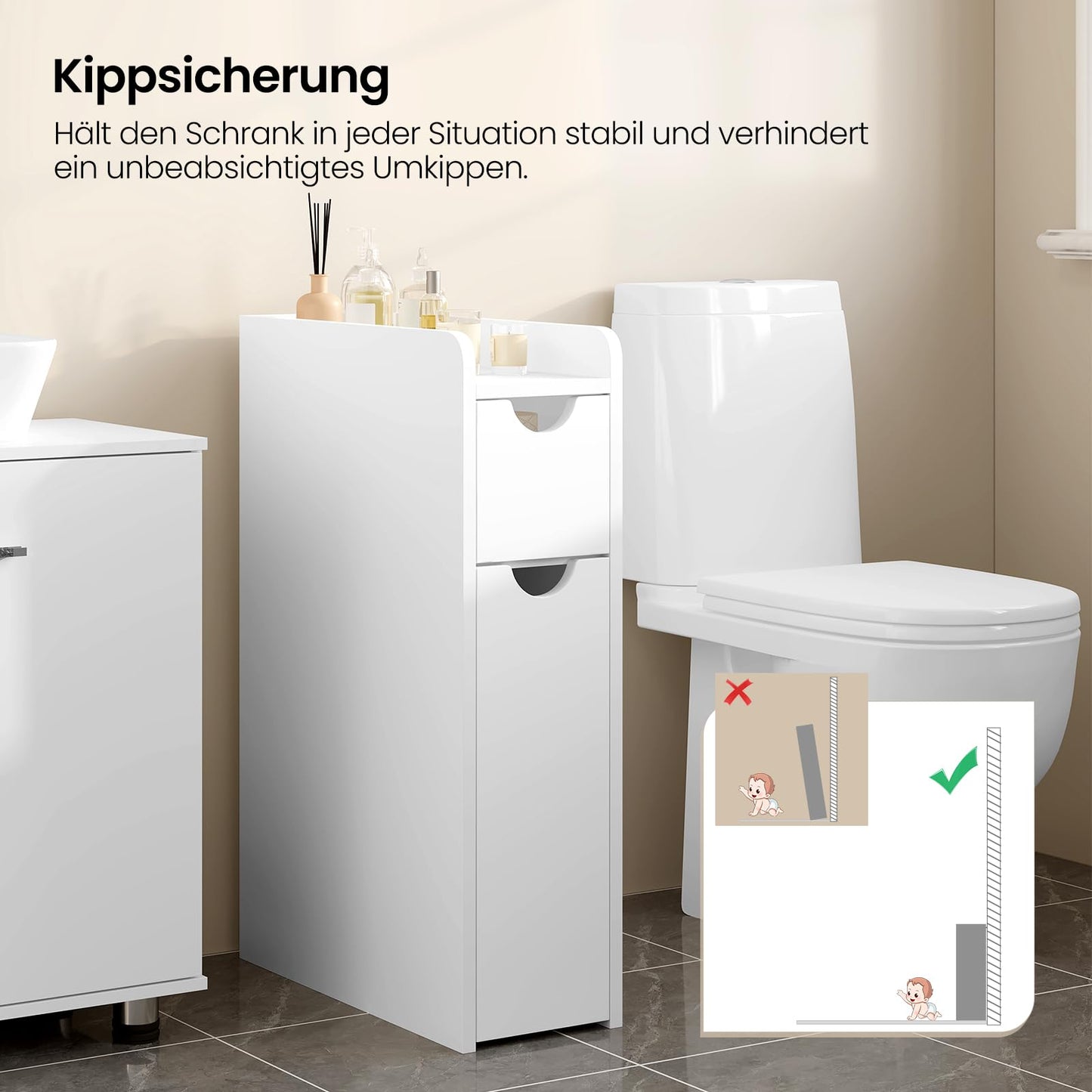 EUGAD meuble de salle de bain étroit - meuble de rangement indépendant - avec tiroir sur roulettes - blanc