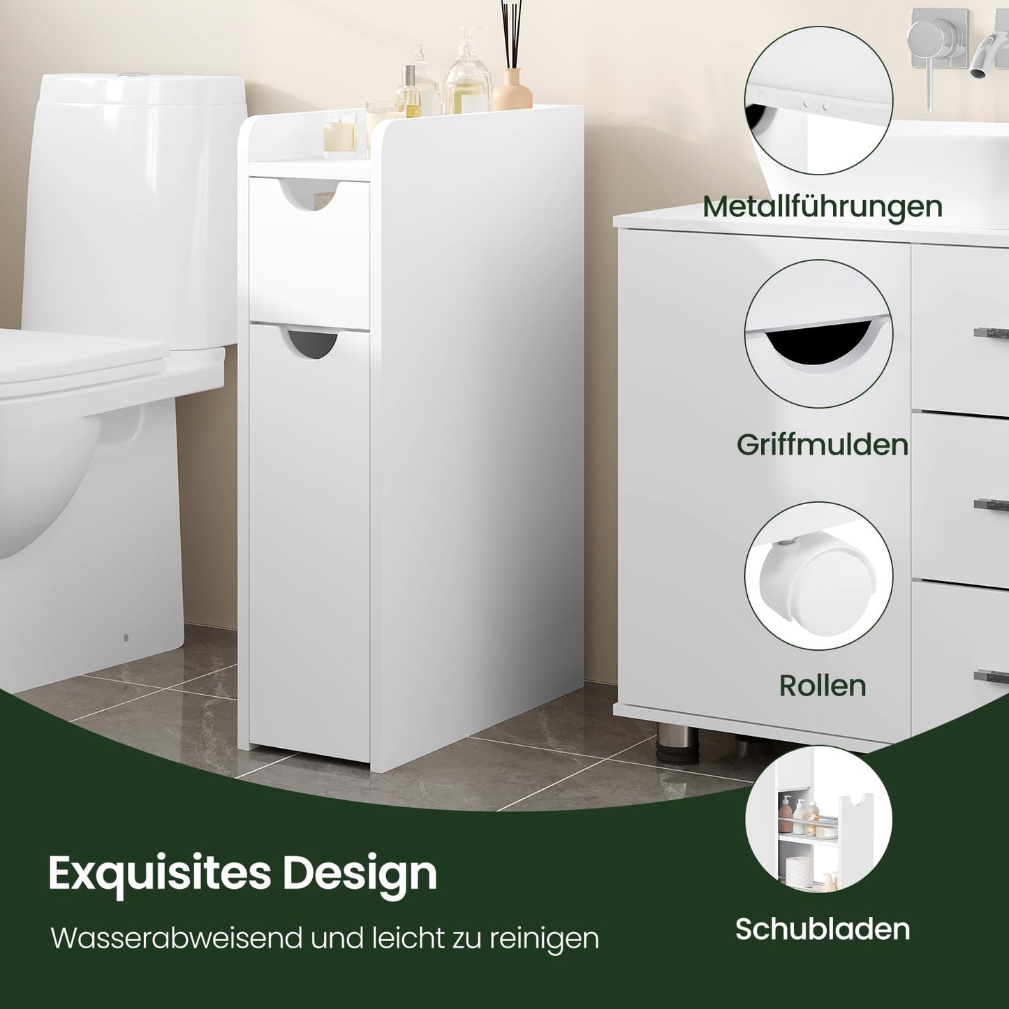 EUGAD meuble de salle de bain étroit - meuble de rangement indépendant - avec tiroir sur roulettes - blanc