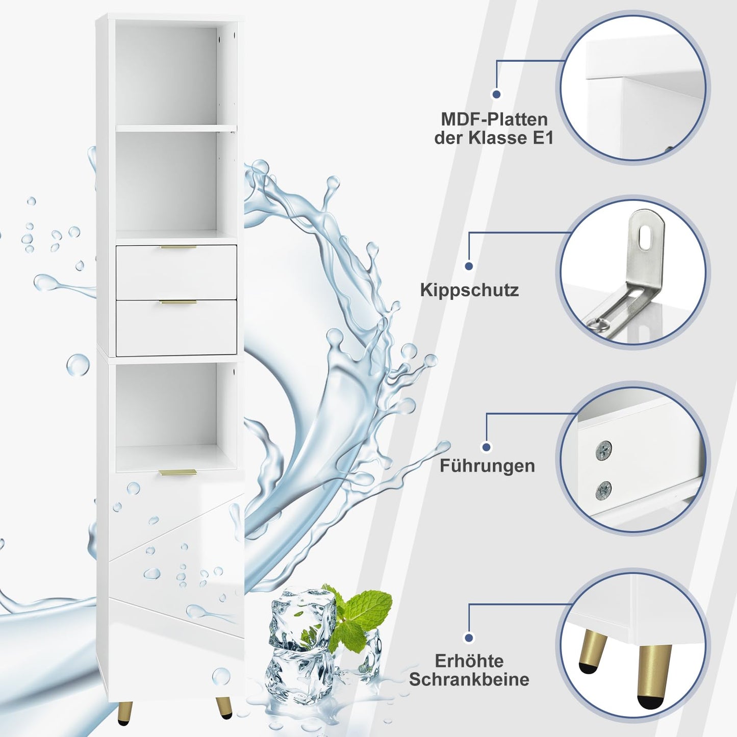 EUGAD armoire haute de salle de bain - blanc brillant - autoportante - 30 x 160 x 28,5 cm