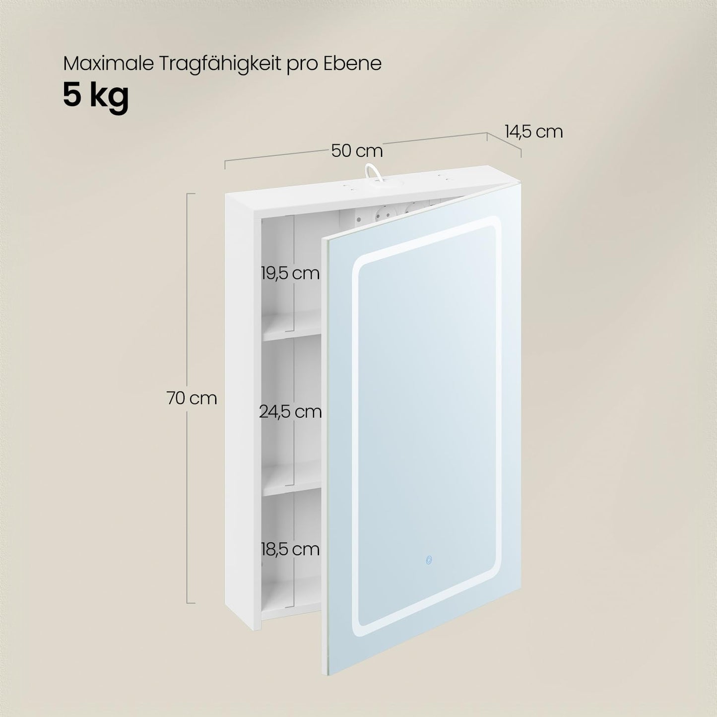 EUGAD armoire de toilette - 1 porte miroir - 3 températures de couleur - avec prise - blanc - 50 x 70 x 14,5 cm