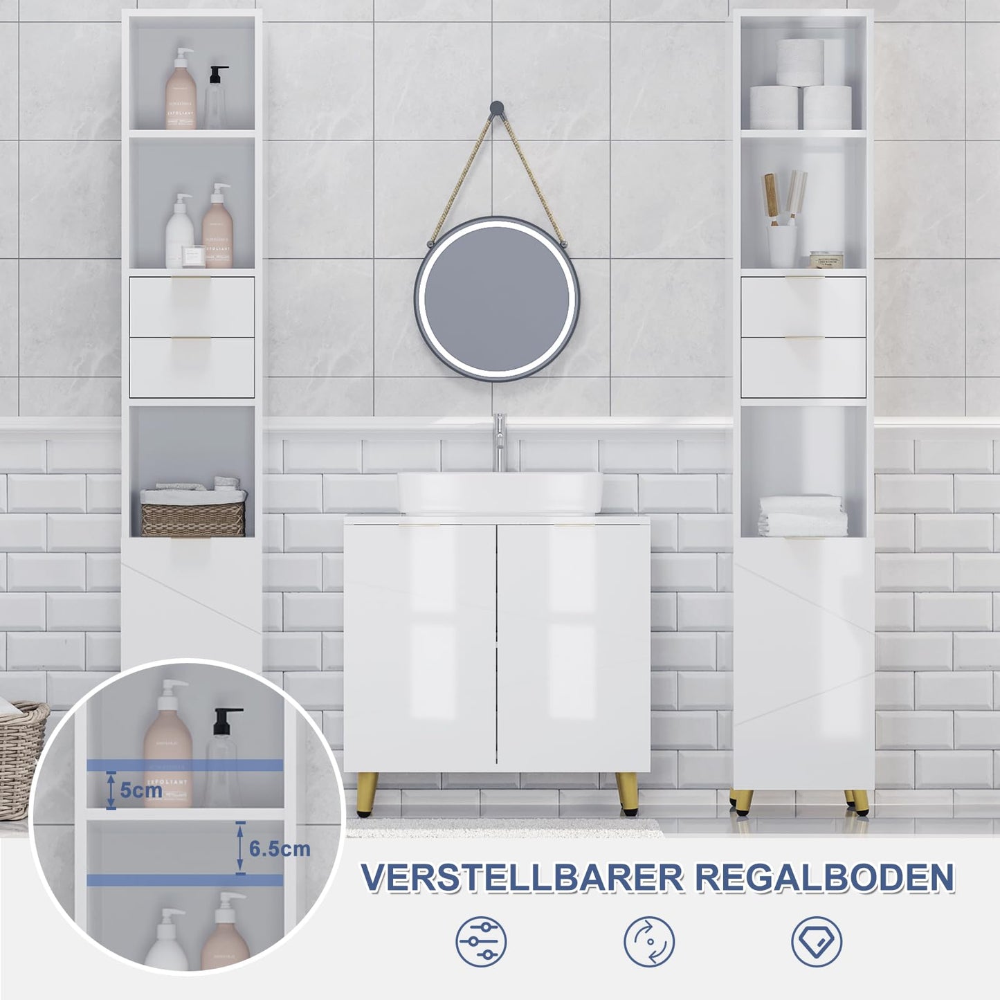 EUGAD armoire haute de salle de bain - blanc brillant - autoportante - 30 x 160 x 28,5 cm