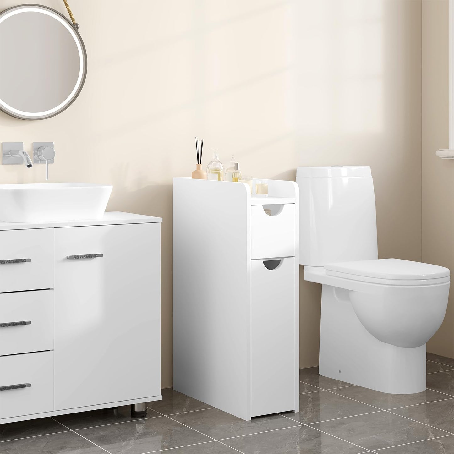 EUGAD meuble de salle de bain étroit - meuble de rangement indépendant - avec tiroir sur roulettes - blanc