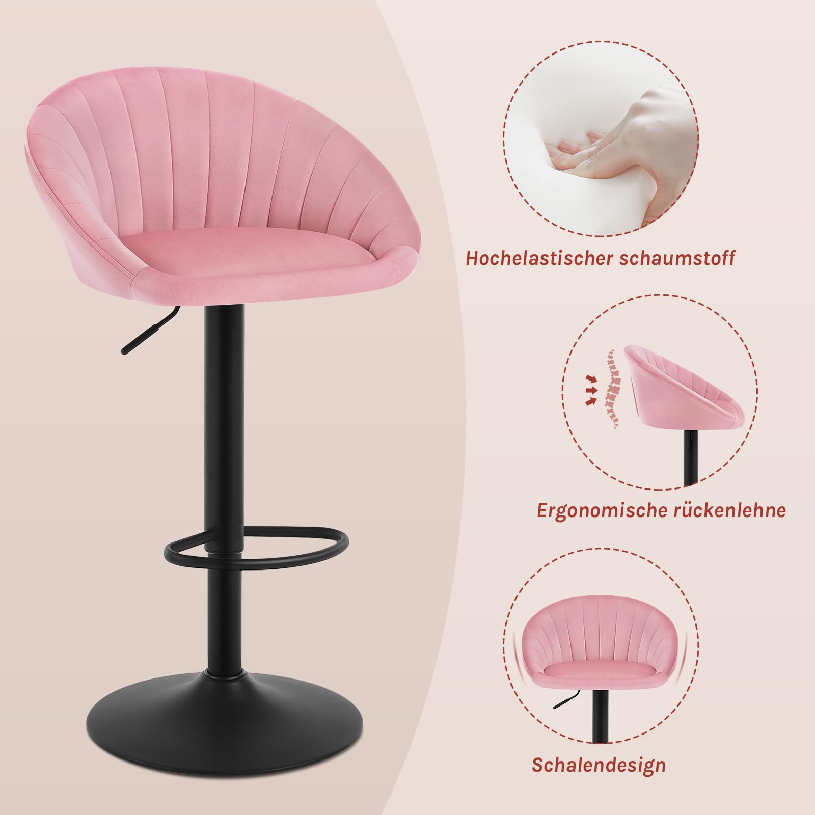 Tabouret de bar WOLTU BH428rs-1 - hauteur réglable et pivotant - velours rose - avec dossier - max. 150 kg