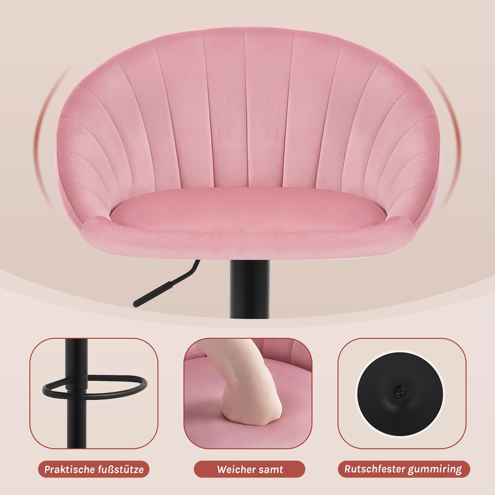 Tabouret de bar WOLTU BH428rs-1 - hauteur réglable et pivotant - velours rose - avec dossier - max. 150 kg