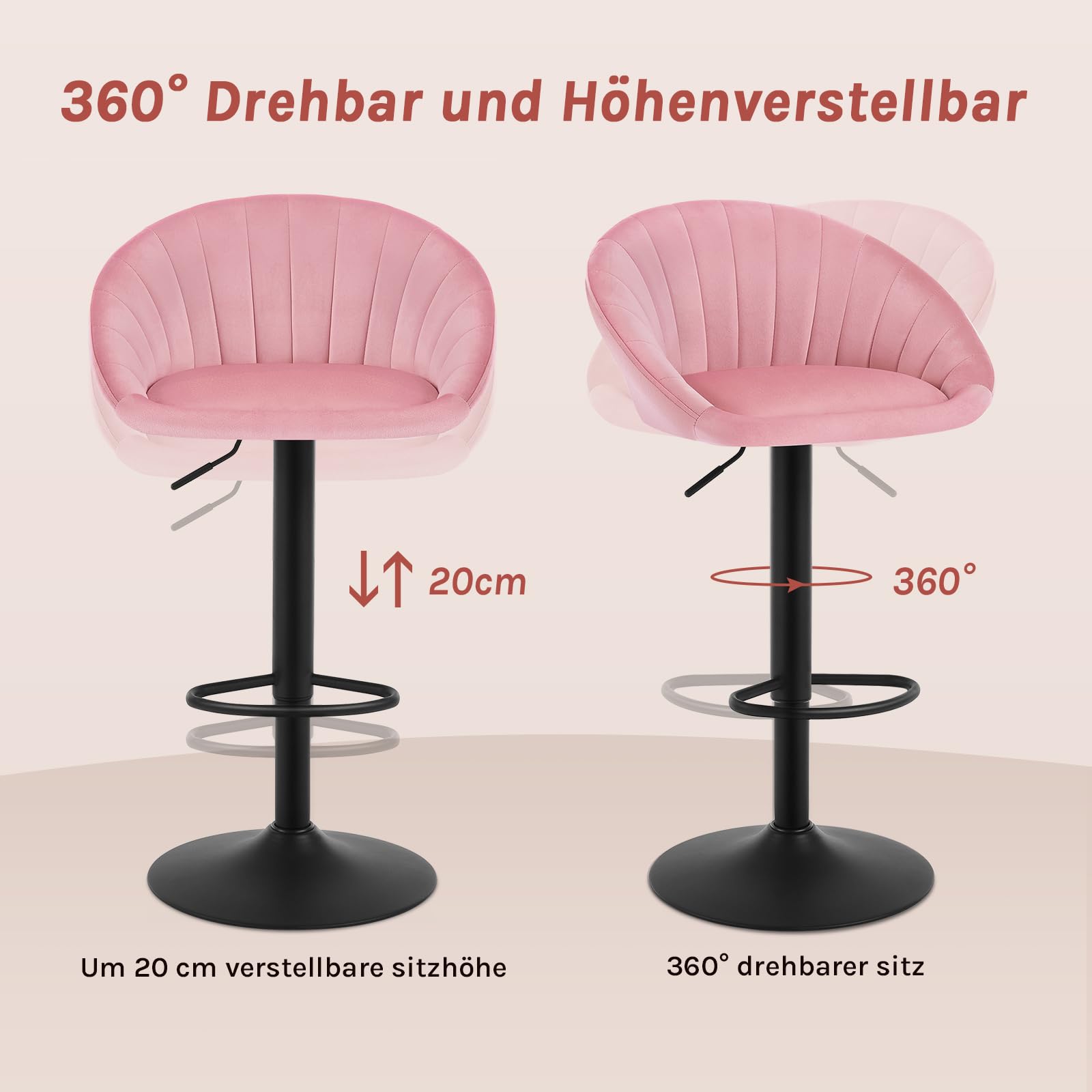 Tabouret de bar WOLTU BH428rs-1 - hauteur réglable et pivotant - velours rose - avec dossier - max. 150 kg