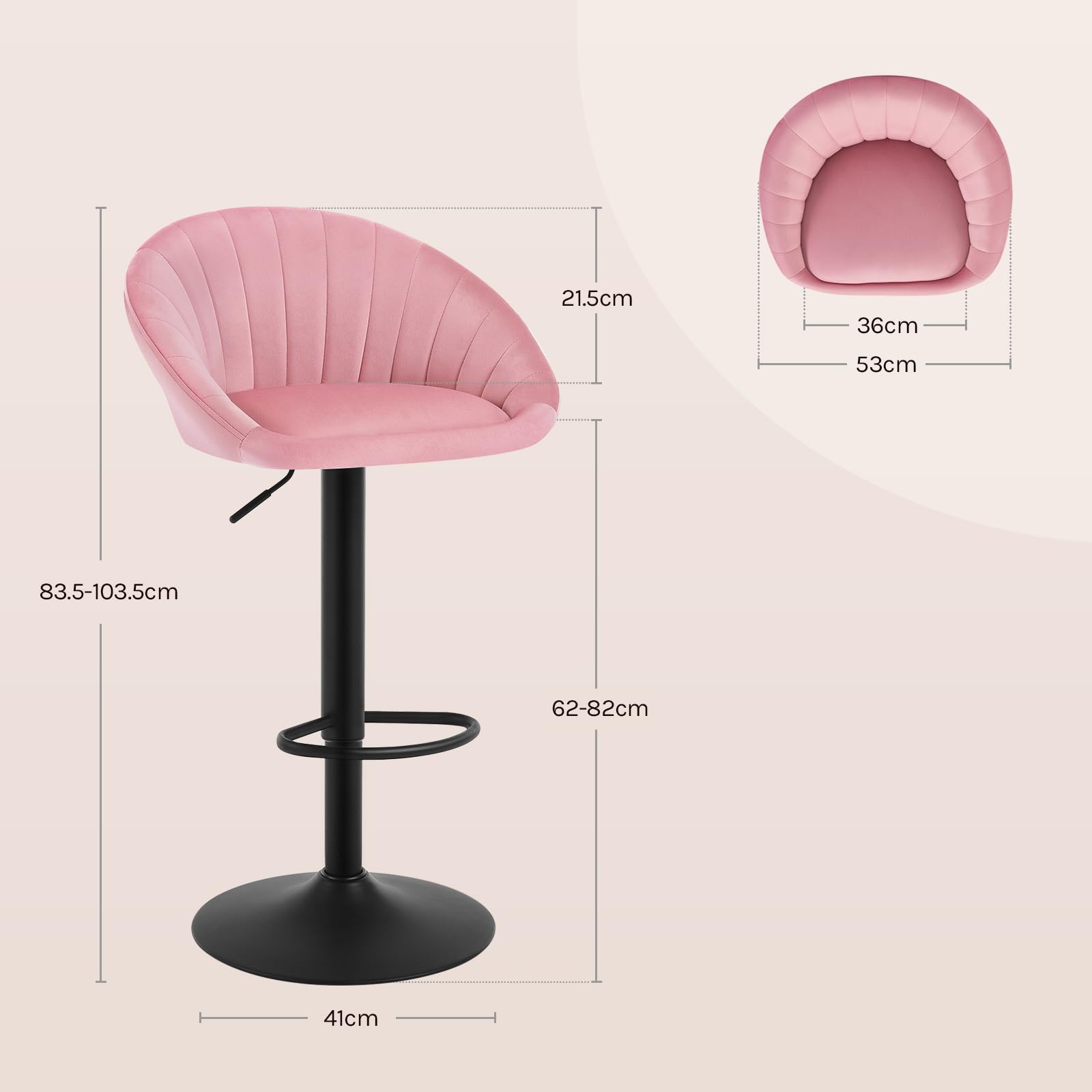 Tabouret de bar WOLTU BH428rs-1 - hauteur réglable et pivotant - velours rose - avec dossier - max. 150 kg