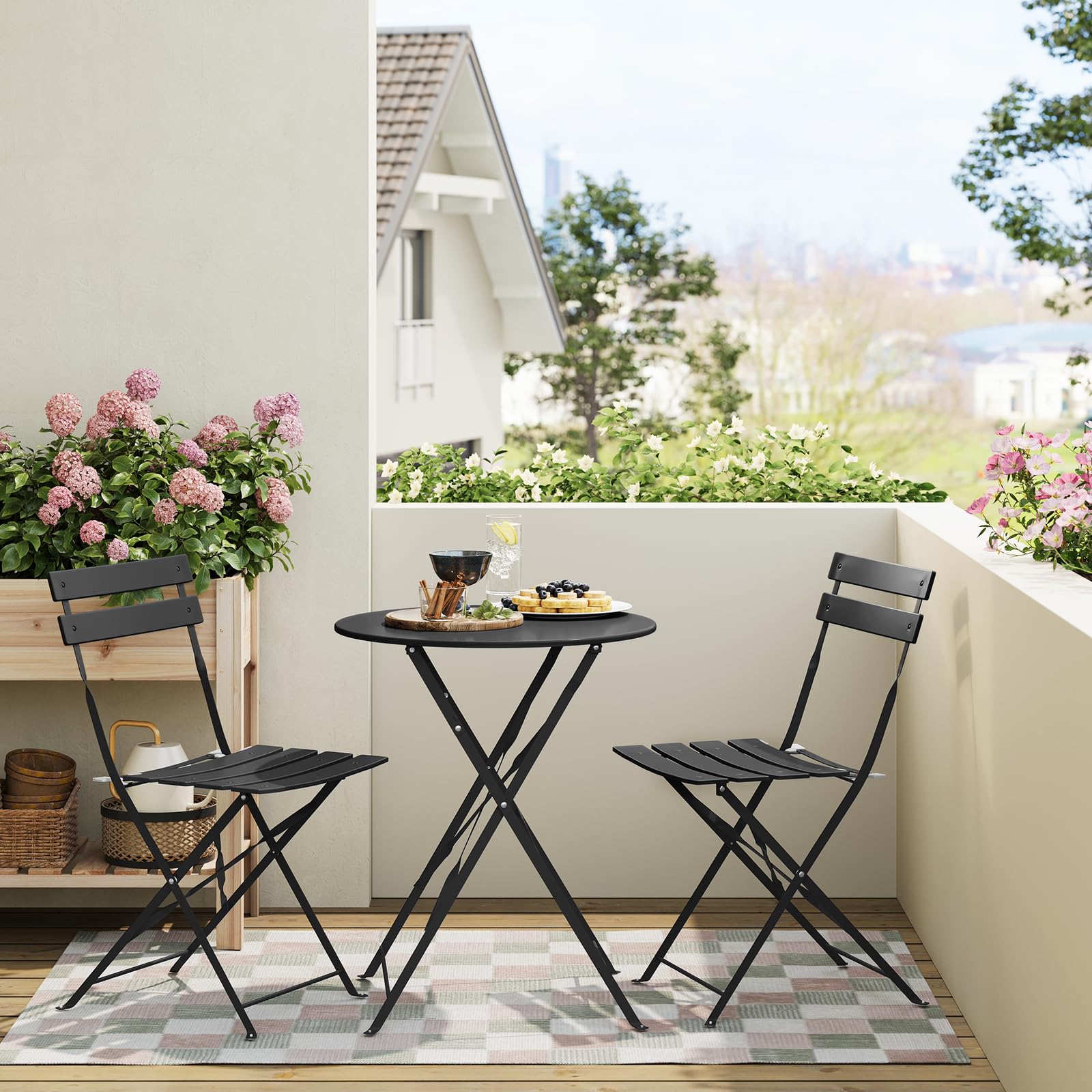 Ensemble de mobilier de jardin ESituro Bistro - 3 pièces pliables - table de 60 cm et 2 chaises - noir - pour balcon et terrasse