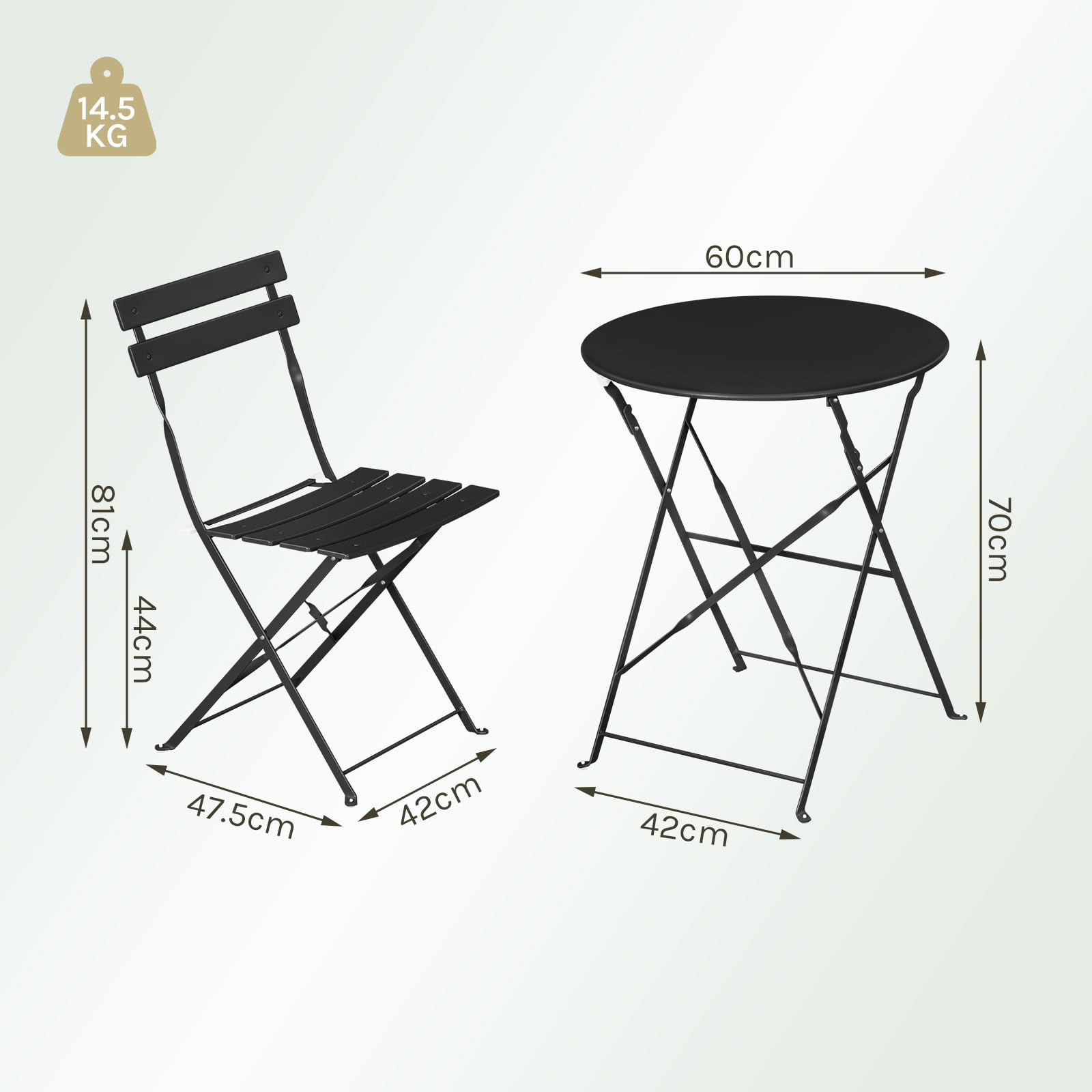 Ensemble de mobilier de jardin ESituro Bistro - 3 pièces pliables - table de 60 cm et 2 chaises - noir - pour balcon et terrasse