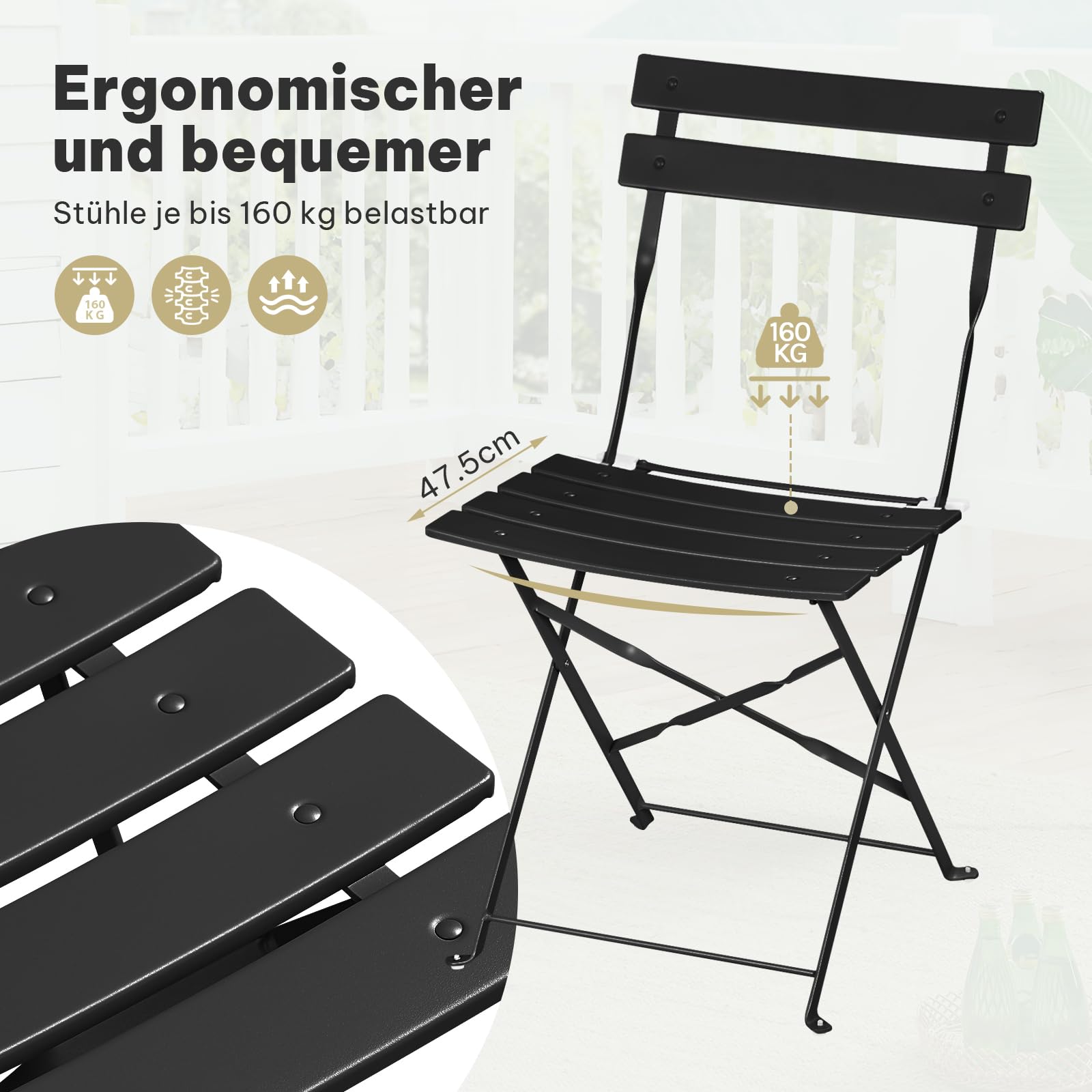 Ensemble de mobilier de jardin ESituro Bistro - 3 pièces pliables - table de 60 cm et 2 chaises - noir - pour balcon et terrasse