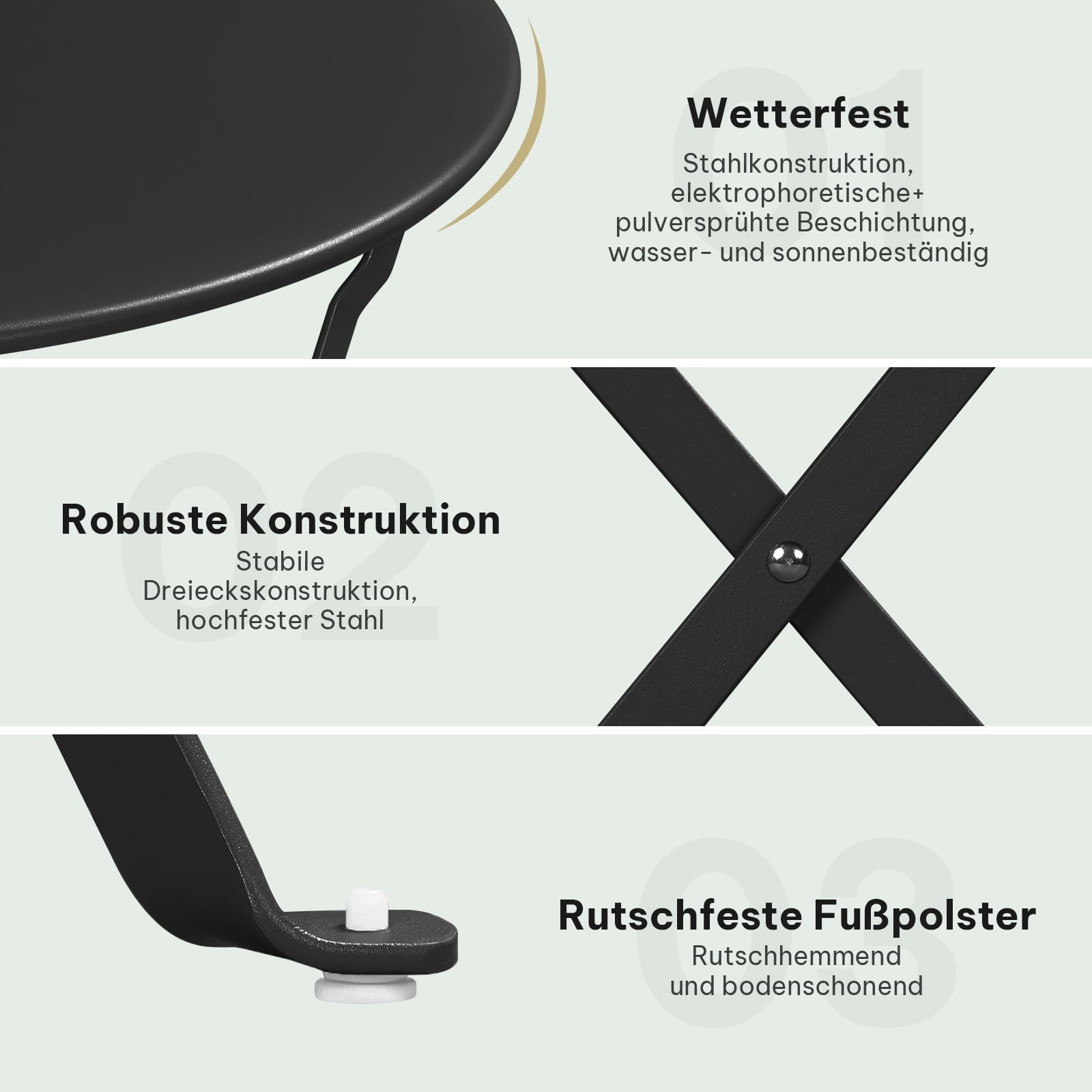 Ensemble de mobilier de jardin ESituro Bistro - 3 pièces pliables - table de 60 cm et 2 chaises - noir - pour balcon et terrasse