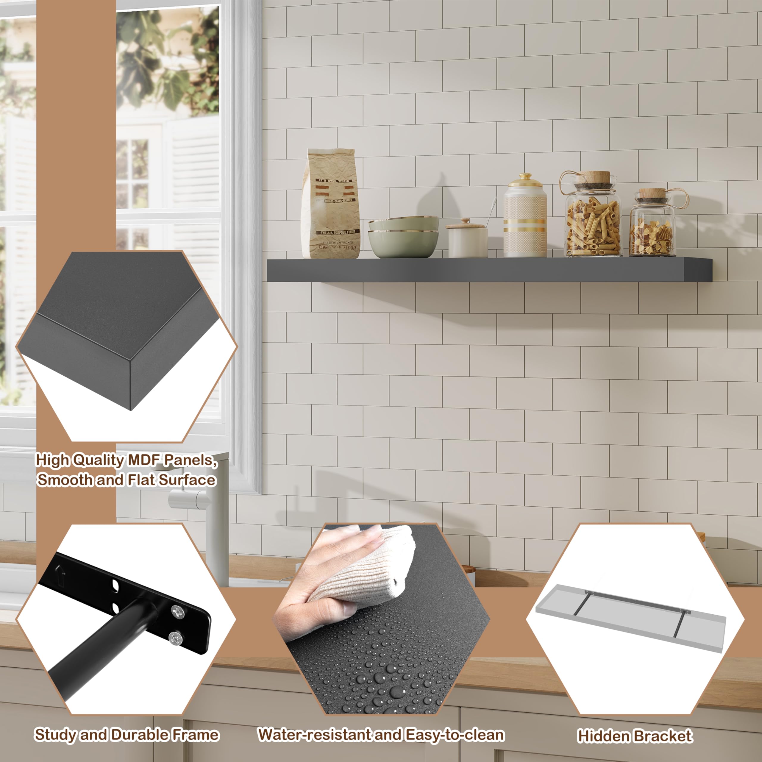 Étagère murale Woltu - 30 x 22,9 x 3,8 cm - MDF - 1 niveau - 10 kg - Gris