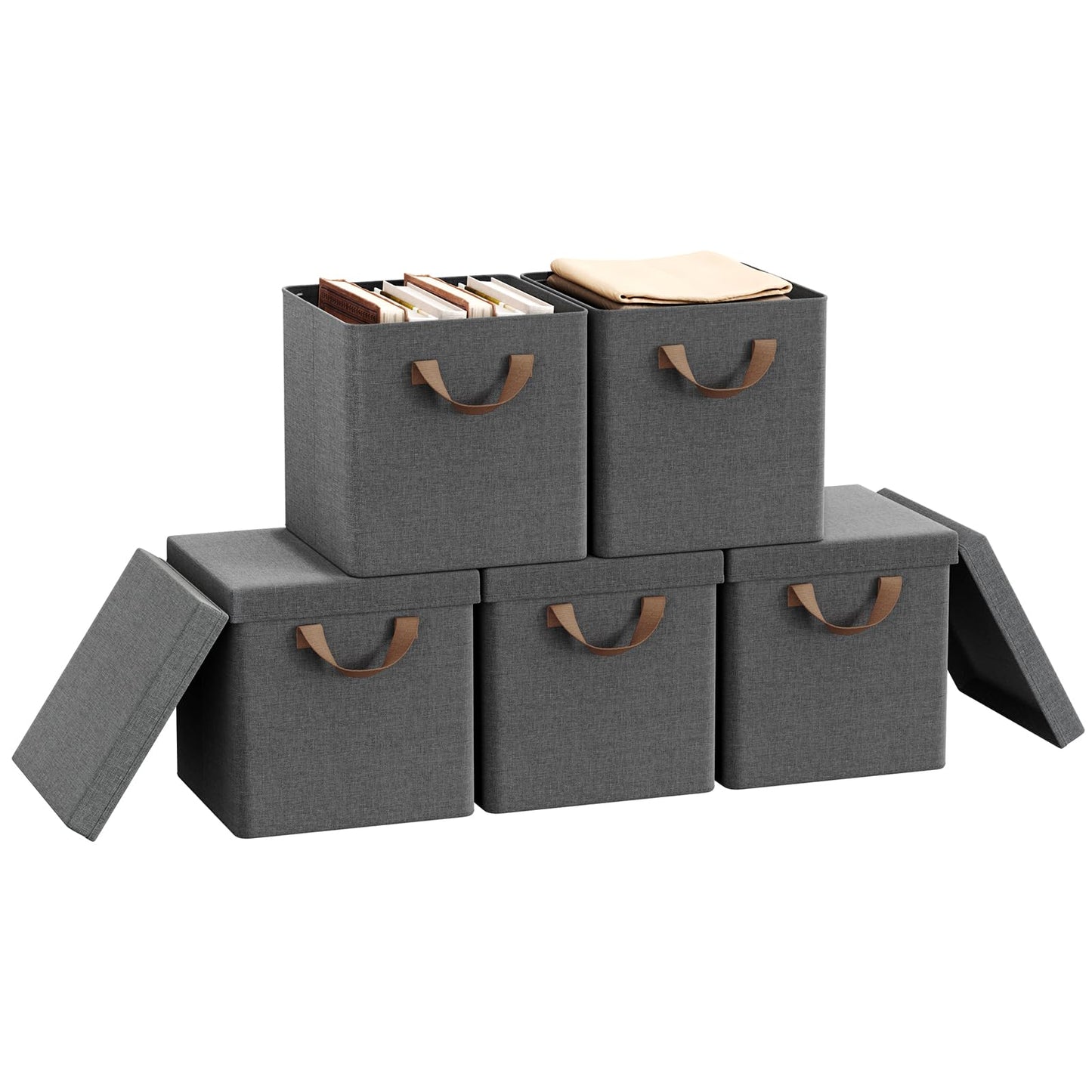 Lot de 5 bacs de rangement pliables WOLTU - cubes de rangement en tissu avec couvercle et structure métallique - gris 27 x 27 x 27 cm