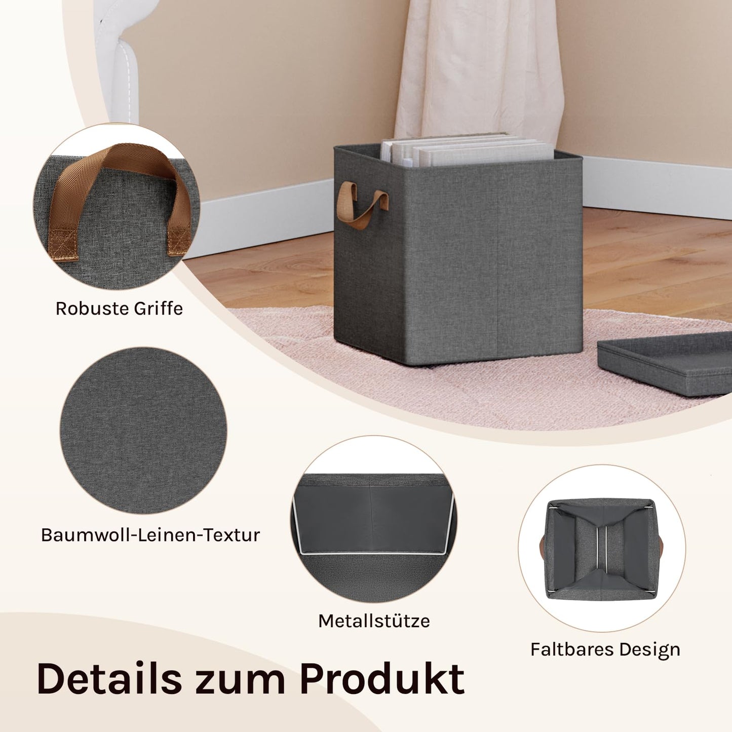 Lot de 5 bacs de rangement pliables WOLTU - cubes de rangement en tissu avec couvercle et structure métallique - gris 27 x 27 x 27 cm