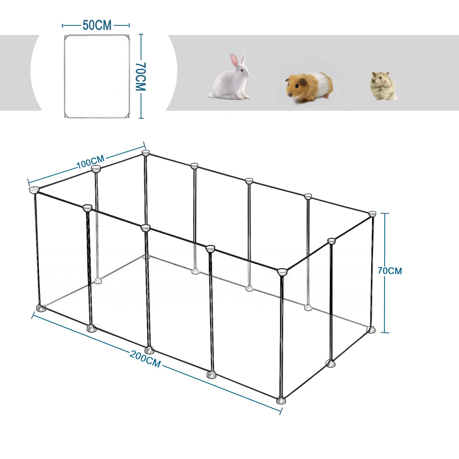 EUGAD Enclos transparent pour animaux de compagnie 200 x 100 x 70 cm - Clôture modulaire extensible en plastique pour lapins et cochons d'Inde