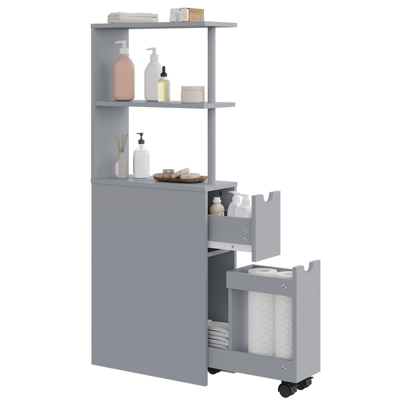 Armoire de salle de bains étroite EUGAD - armoire encastrable avec tiroir sur glissières et compartiments ouverts - armoire de rangement multifonctionnelle gris clair