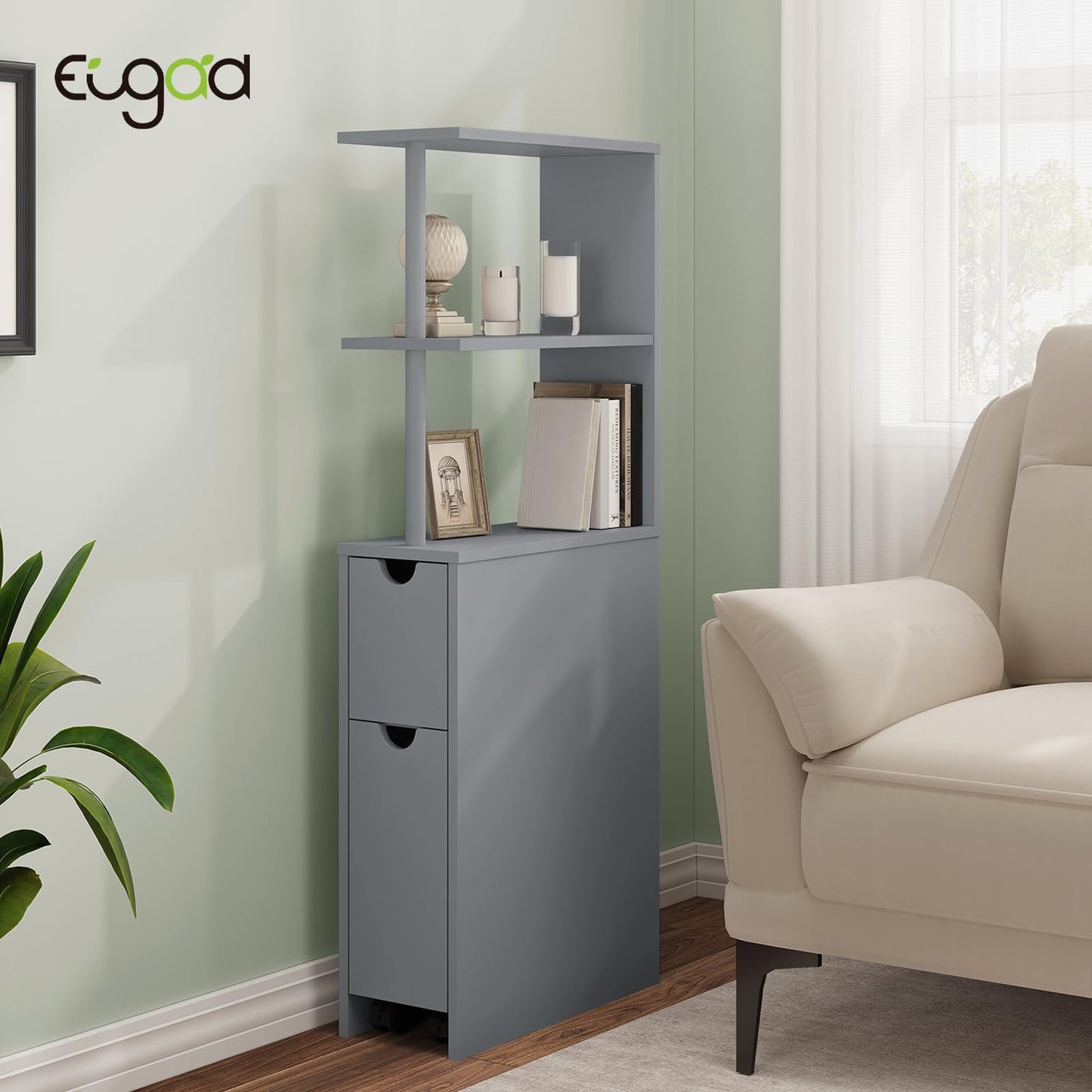 Armoire de salle de bains étroite EUGAD - armoire encastrable avec tiroir sur glissières et compartiments ouverts - armoire de rangement multifonctionnelle gris clair