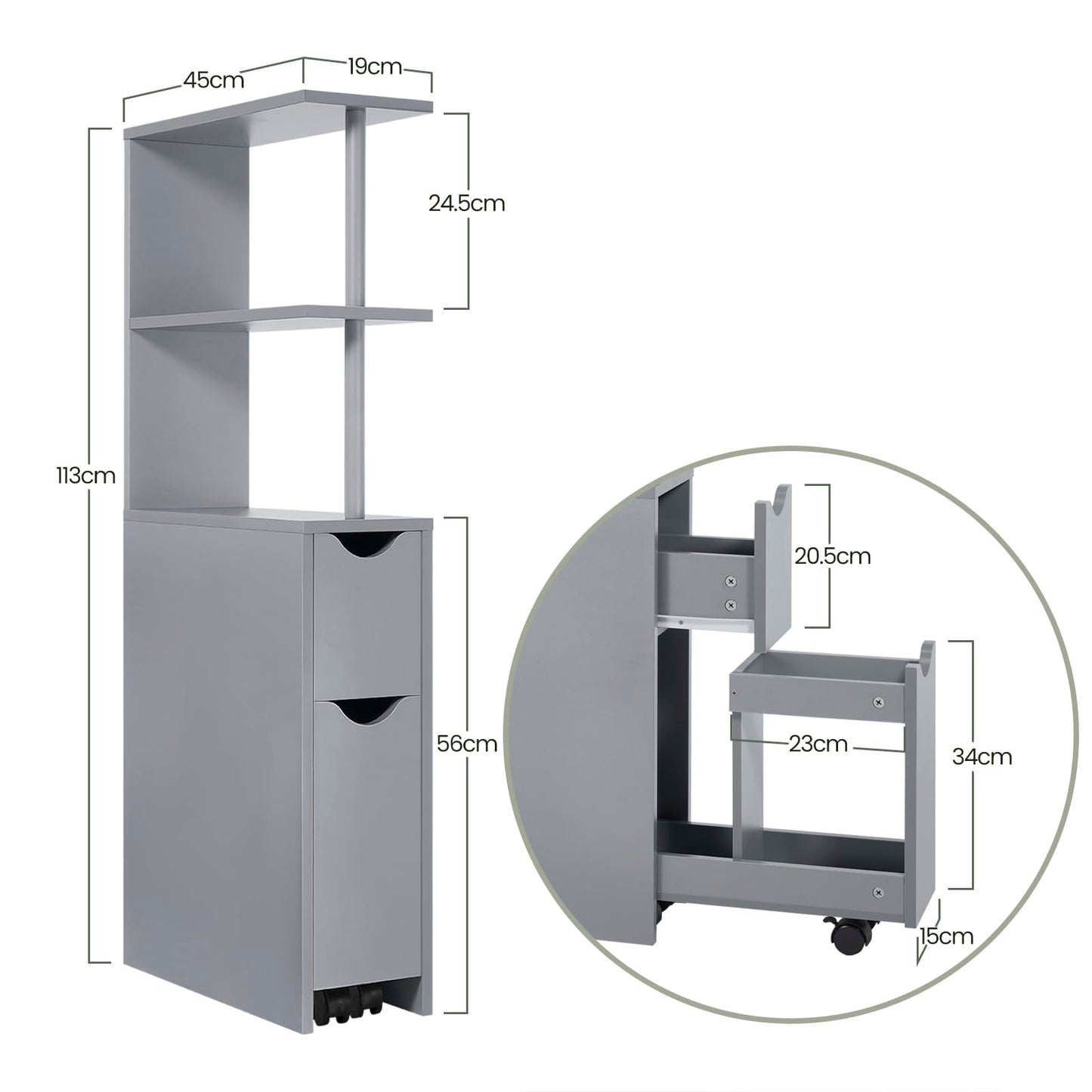 Armoire de salle de bains étroite EUGAD - armoire encastrable avec tiroir sur glissières et compartiments ouverts - armoire de rangement multifonctionnelle gris clair