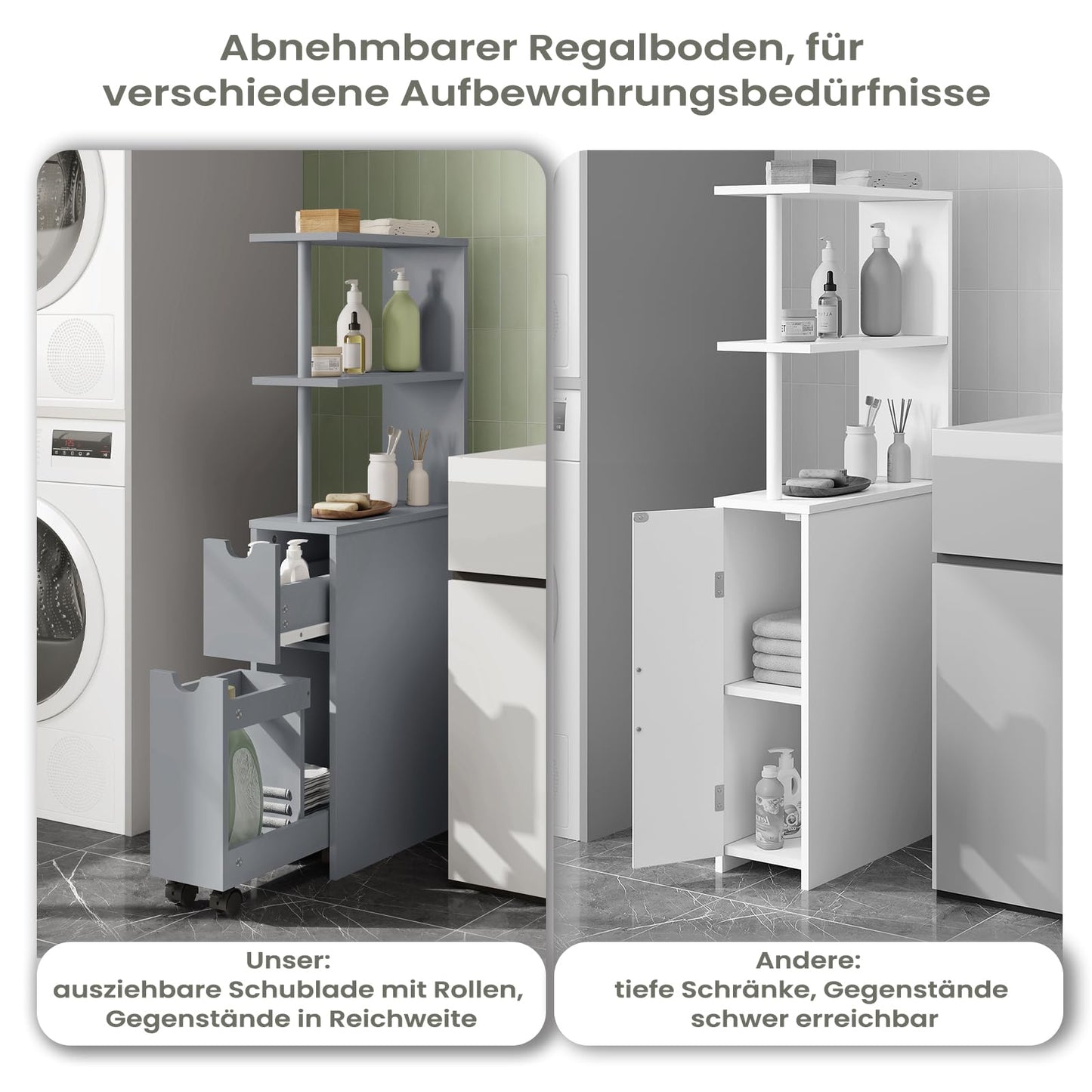 Armoire de salle de bains étroite EUGAD - armoire encastrable avec tiroir sur glissières et compartiments ouverts - armoire de rangement multifonctionnelle gris clair