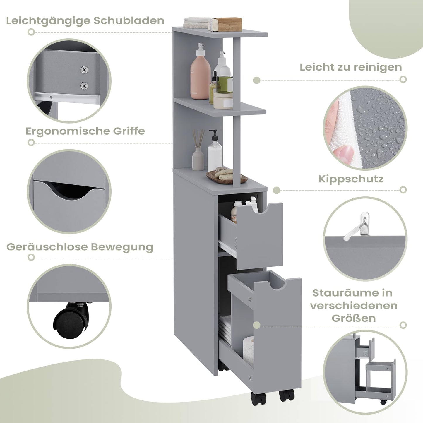 Armoire de salle de bains étroite EUGAD - armoire encastrable avec tiroir sur glissières et compartiments ouverts - armoire de rangement multifonctionnelle gris clair