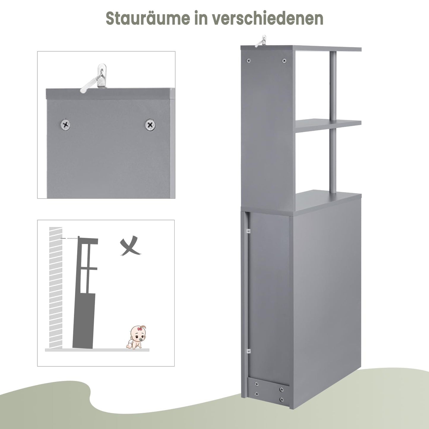 Armoire de salle de bains étroite EUGAD - armoire encastrable avec tiroir sur glissières et compartiments ouverts - armoire de rangement multifonctionnelle gris clair