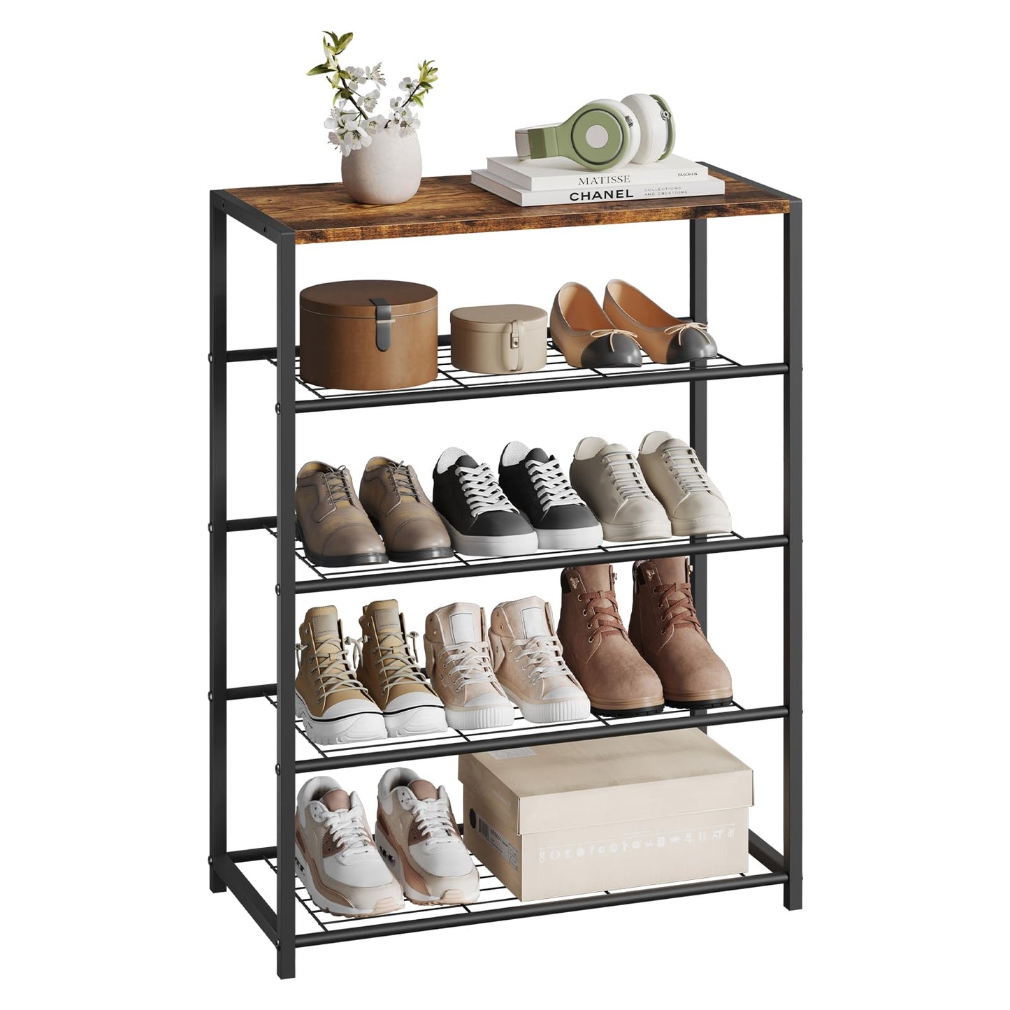 WOLTU - banc à chaussures - étagère à chaussures avec assise - 4 étagères - bois et métal - pour environ 12 paires de chaussures
