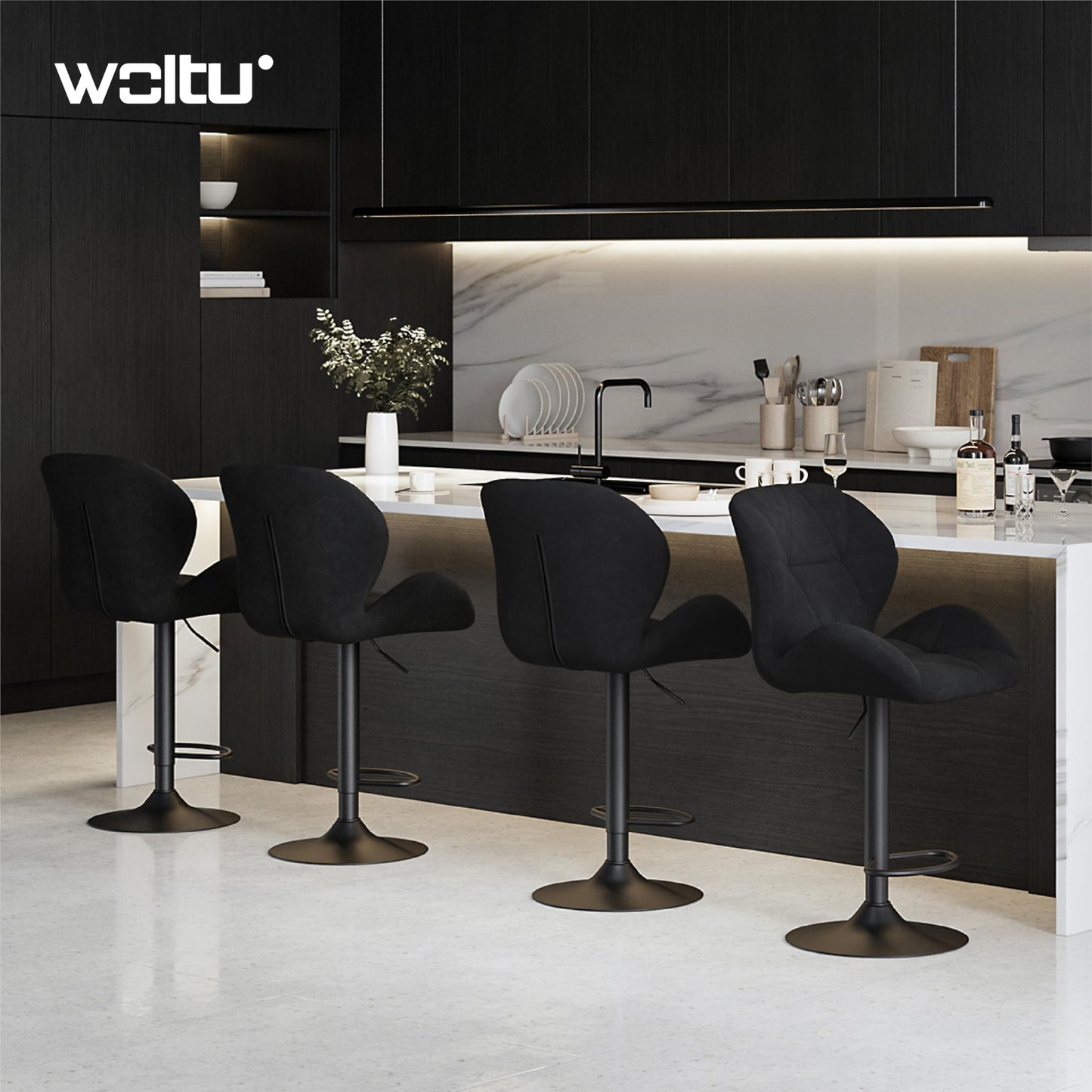 Tabouret Woltu - Dossier - Réglable - Pivotant - Velours - Métal - Noir