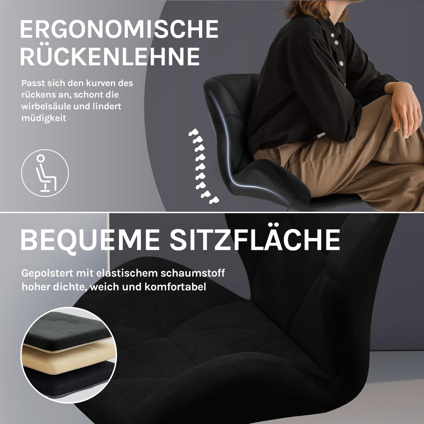 Tabouret Woltu - Dossier - Réglable - Pivotant - Velours - Métal - Noir