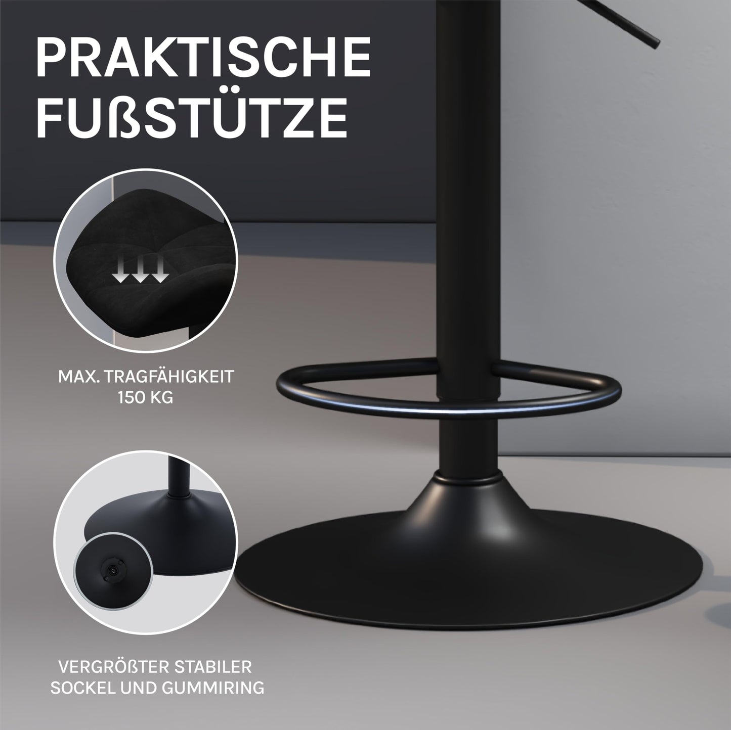 Tabouret Woltu - Dossier - Réglable - Pivotant - Velours - Métal - Noir
