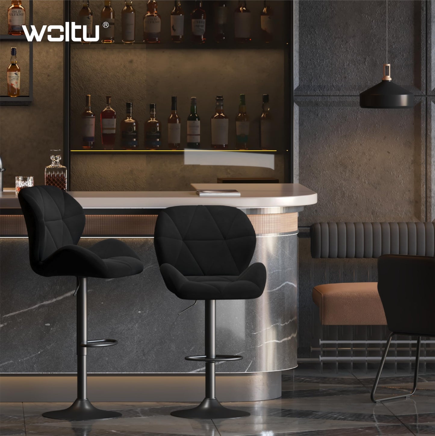 Tabouret Woltu - Dossier - Réglable - Pivotant - Velours - Métal - Noir