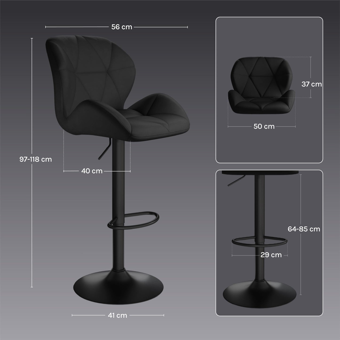 Tabouret Woltu - Dossier - Réglable - Pivotant - Velours - Métal - Noir
