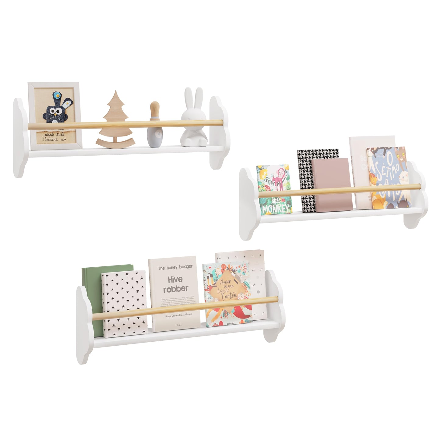 Bibliothèque murale Woltu - Série Wolk - 3 éléments - Pour enfants - MDF et pin - Blanc