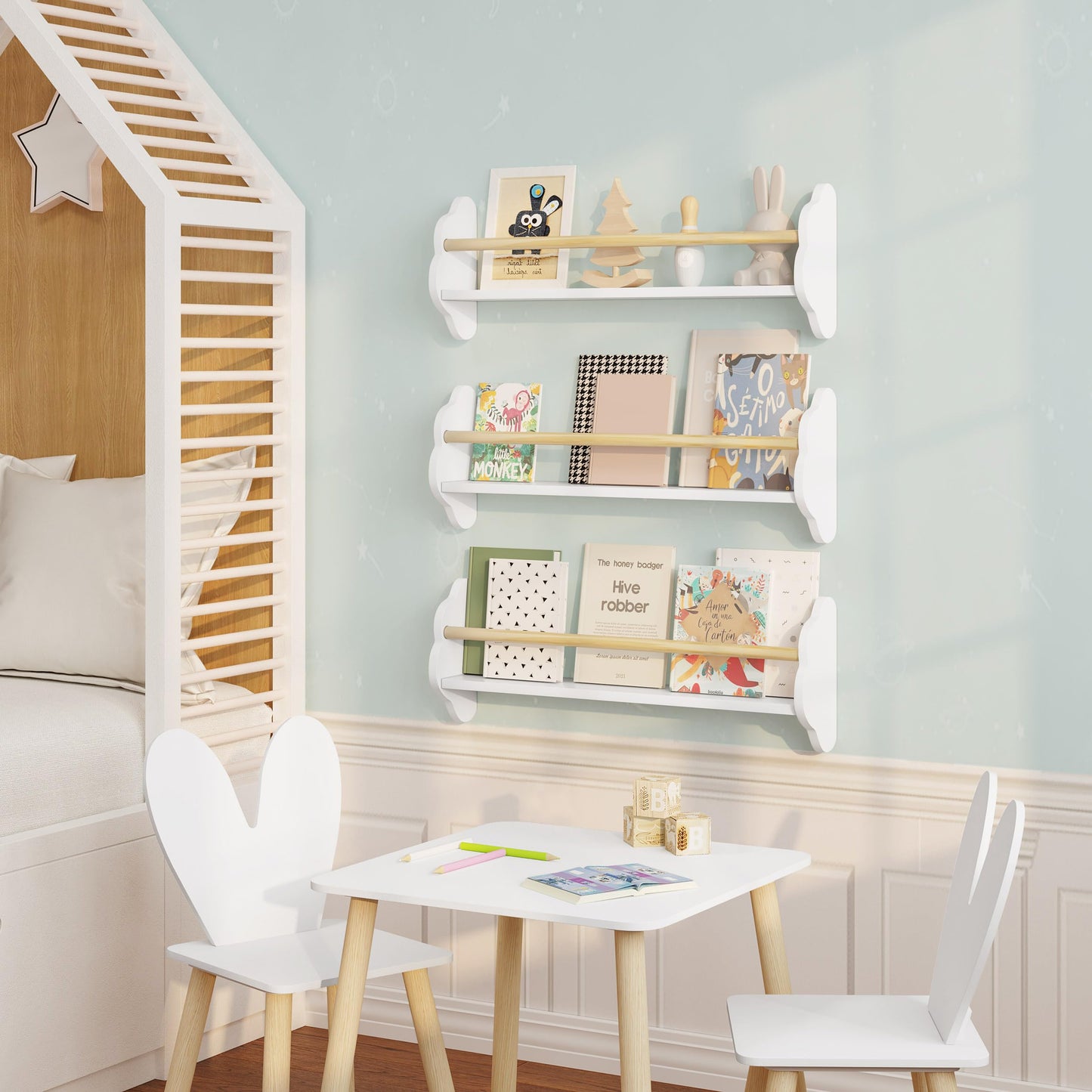Bibliothèque murale Woltu - Série Wolk - 3 éléments - Pour enfants - MDF et pin - Blanc