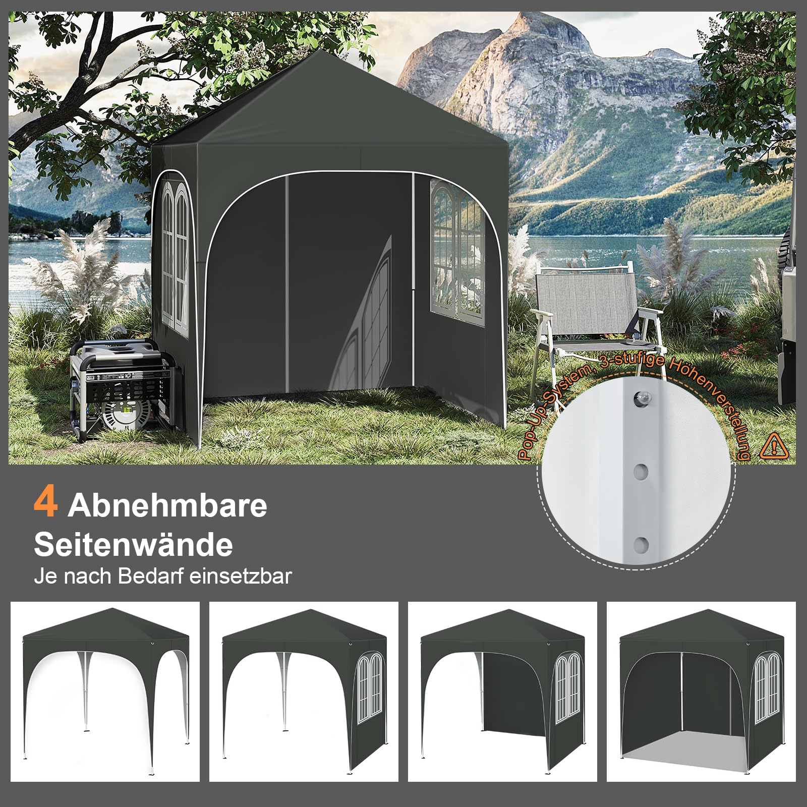 Pavillon pliable WOLTU - 2 x 2 m - avec 4 parois amovibles - protection solaire UPF 50+ - gris