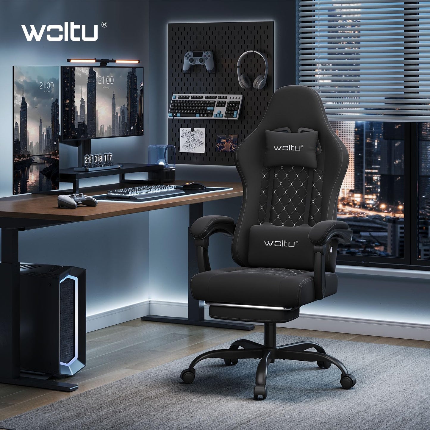 Fauteuil gaming Woltu - Ergonomique - Fonction massage - Repose-pieds - 150 kg - Noir/Blanc