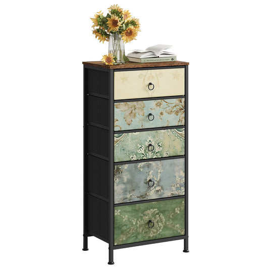 Commode Woltu - 5 tiroirs en tissu - Buffet - 45,5 x 95,5 x 30 cm - Brun rustique