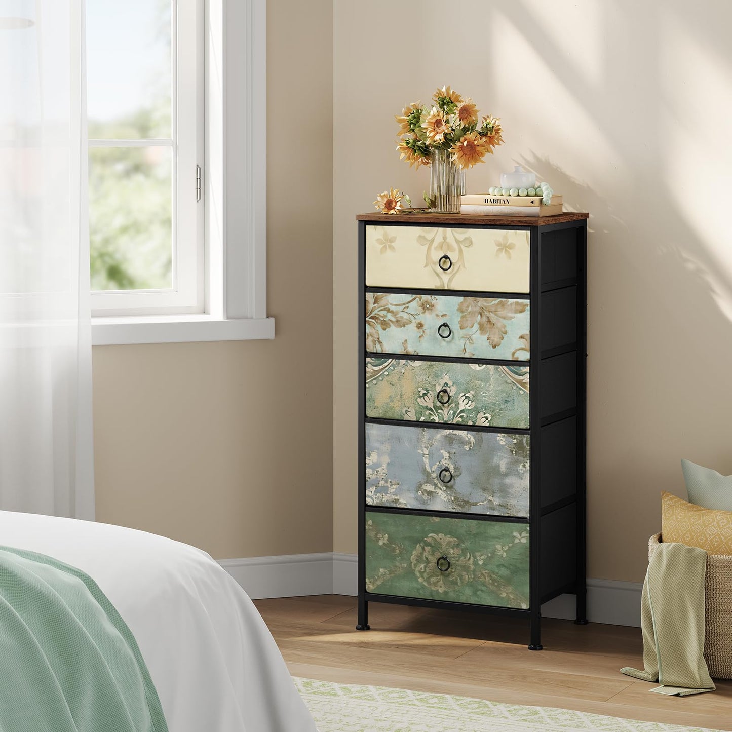 Commode Woltu - 5 tiroirs en tissu - Buffet - 45,5 x 95,5 x 30 cm - Brun rustique