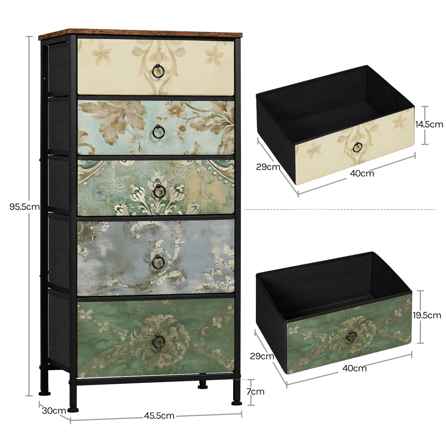 Commode Woltu - 5 tiroirs en tissu - Buffet - 45,5 x 95,5 x 30 cm - Brun rustique