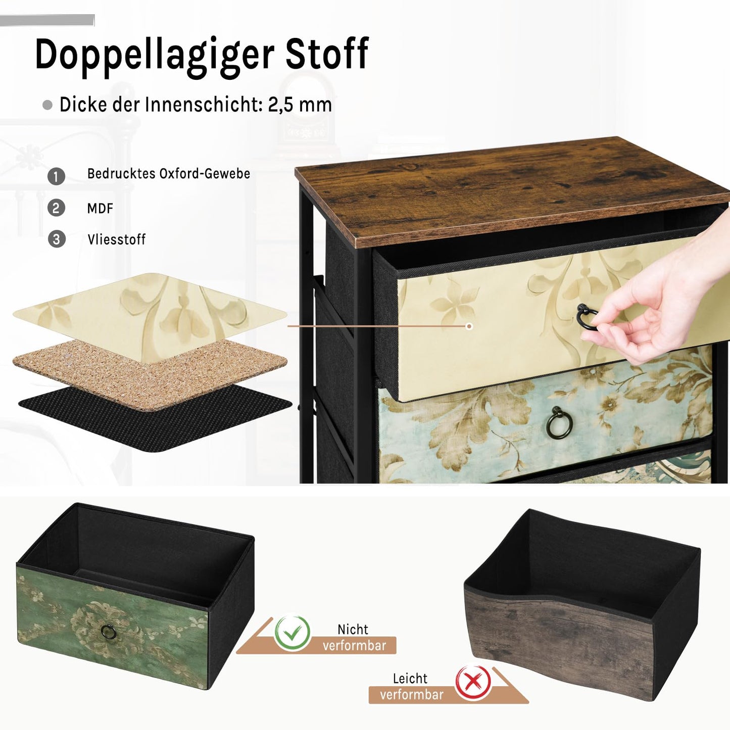 Commode Woltu - 5 tiroirs en tissu - Buffet - 45,5 x 95,5 x 30 cm - Brun rustique