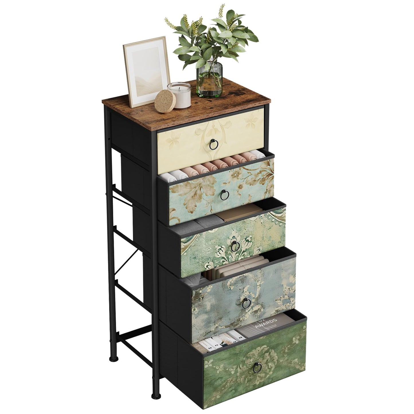 Commode Woltu - 5 tiroirs en tissu - Buffet - 45,5 x 95,5 x 30 cm - Brun rustique