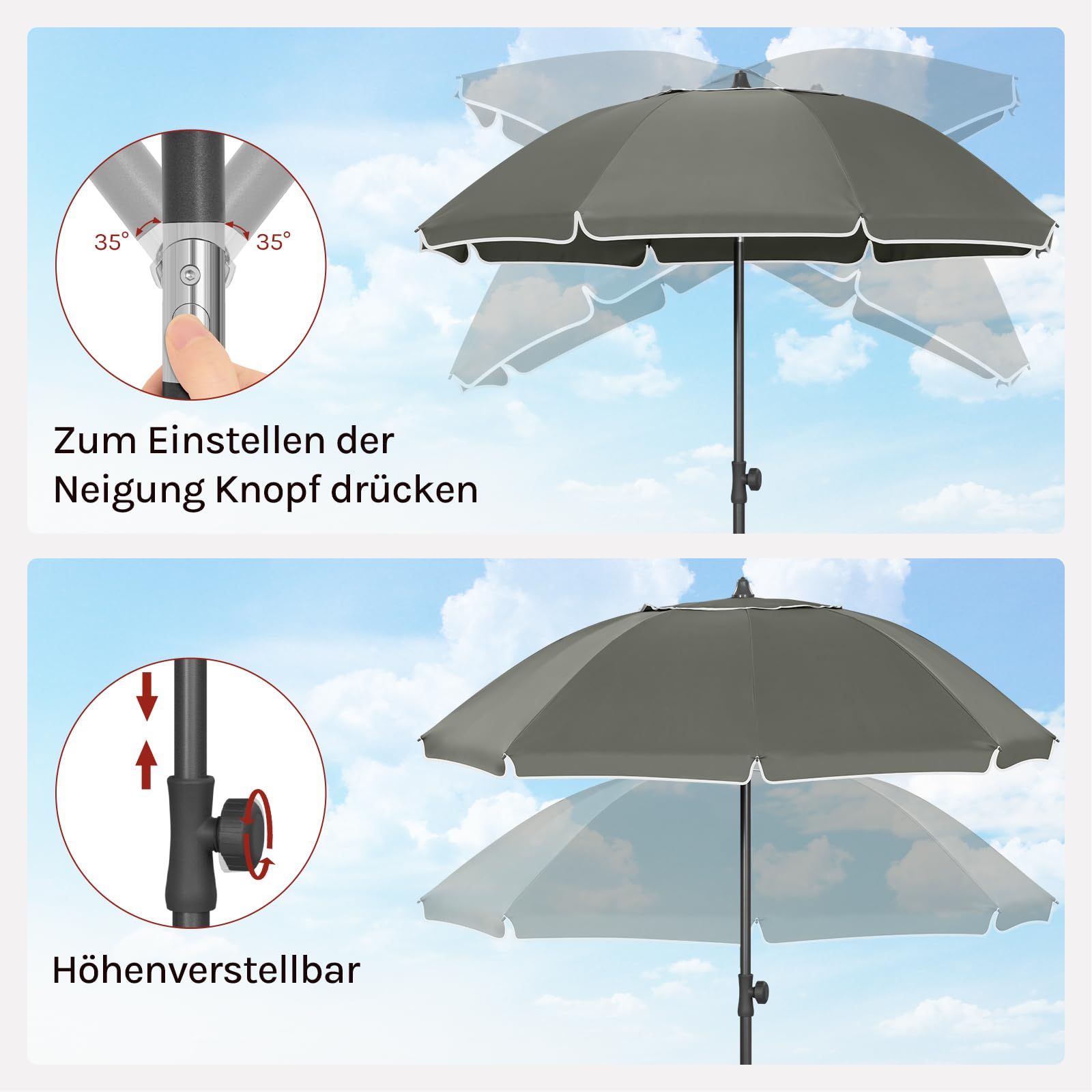 Parasol de balcon Woltu - Rond - 155 cm - UPF 50+ - Inclinable - Réglable - Gris foncé