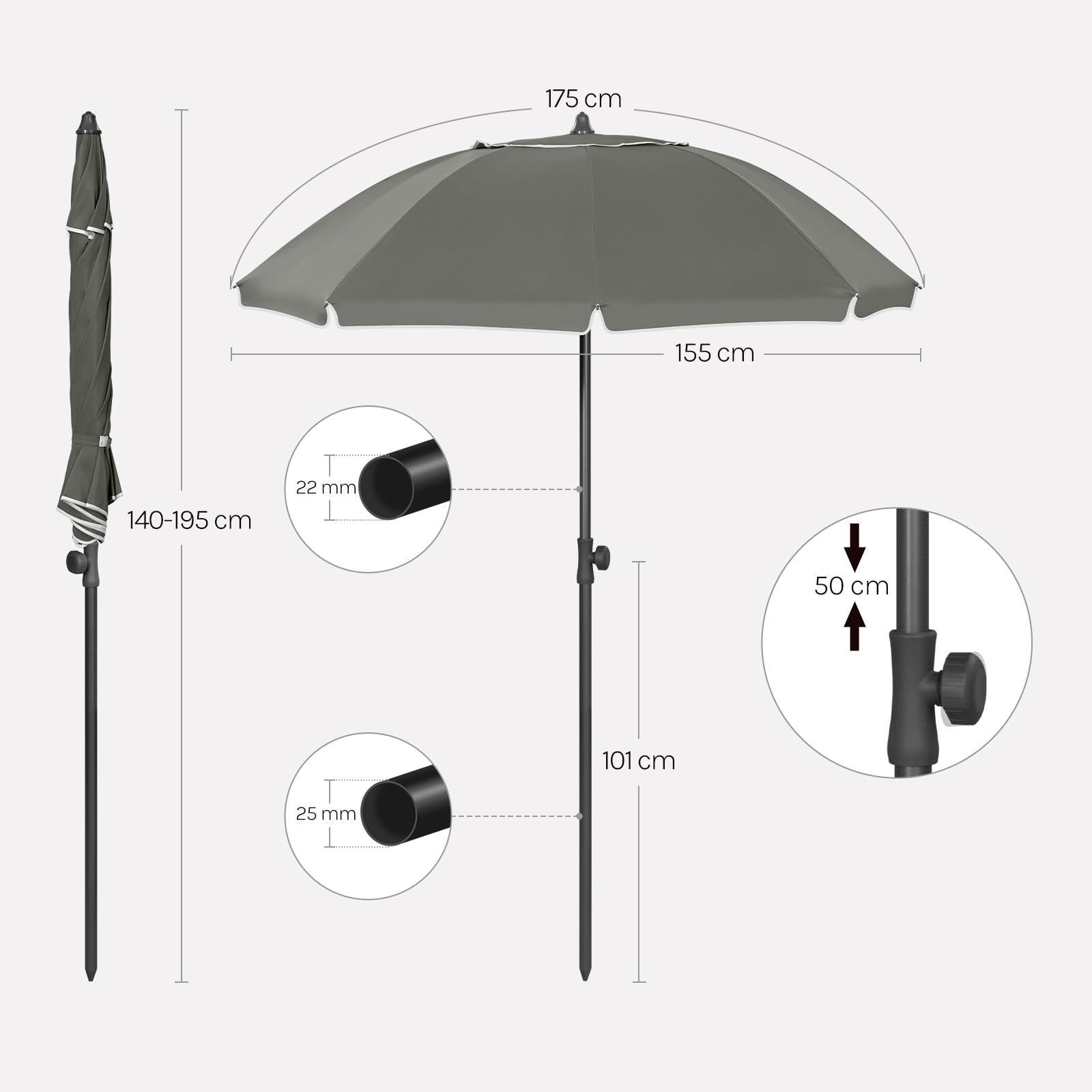 Parasol de balcon Woltu - Rond - 155 cm - UPF 50+ - Inclinable - Réglable - Gris foncé