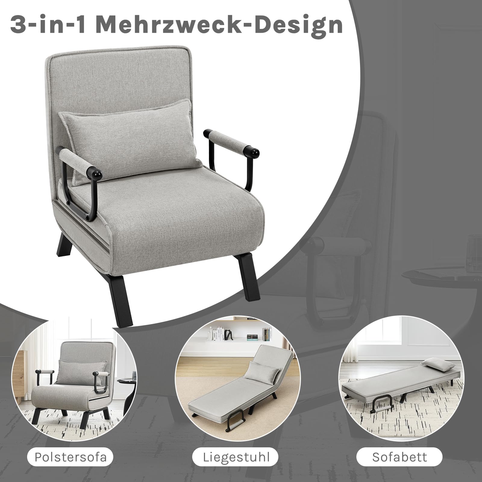 Fauteuil-lit Woltu - 3 en 1 - Dossier réglable - Lin - 65 x 78 x 75 cm - Gris clair