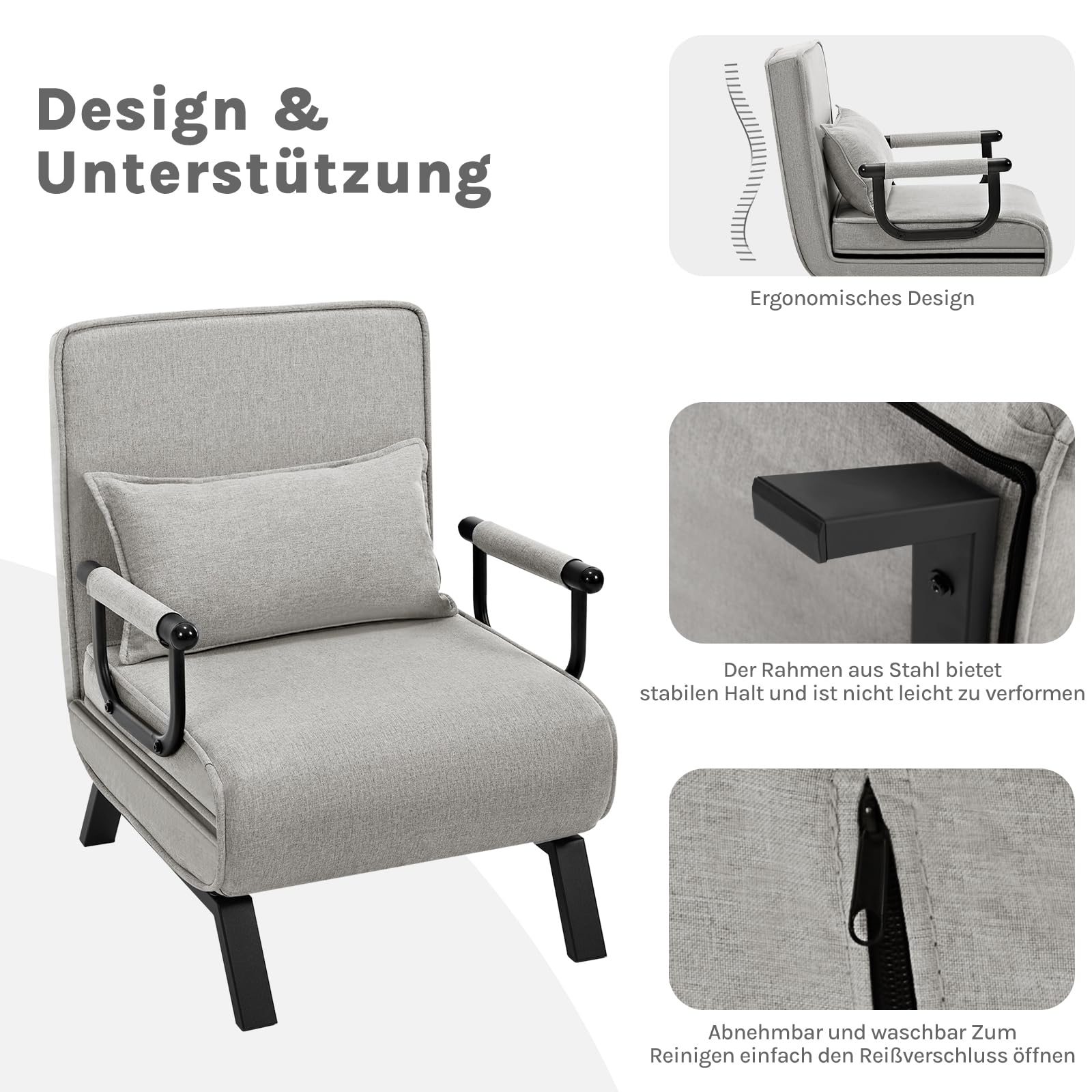 Fauteuil-lit Woltu - 3 en 1 - Dossier réglable - Lin - 65 x 78 x 75 cm - Gris clair
