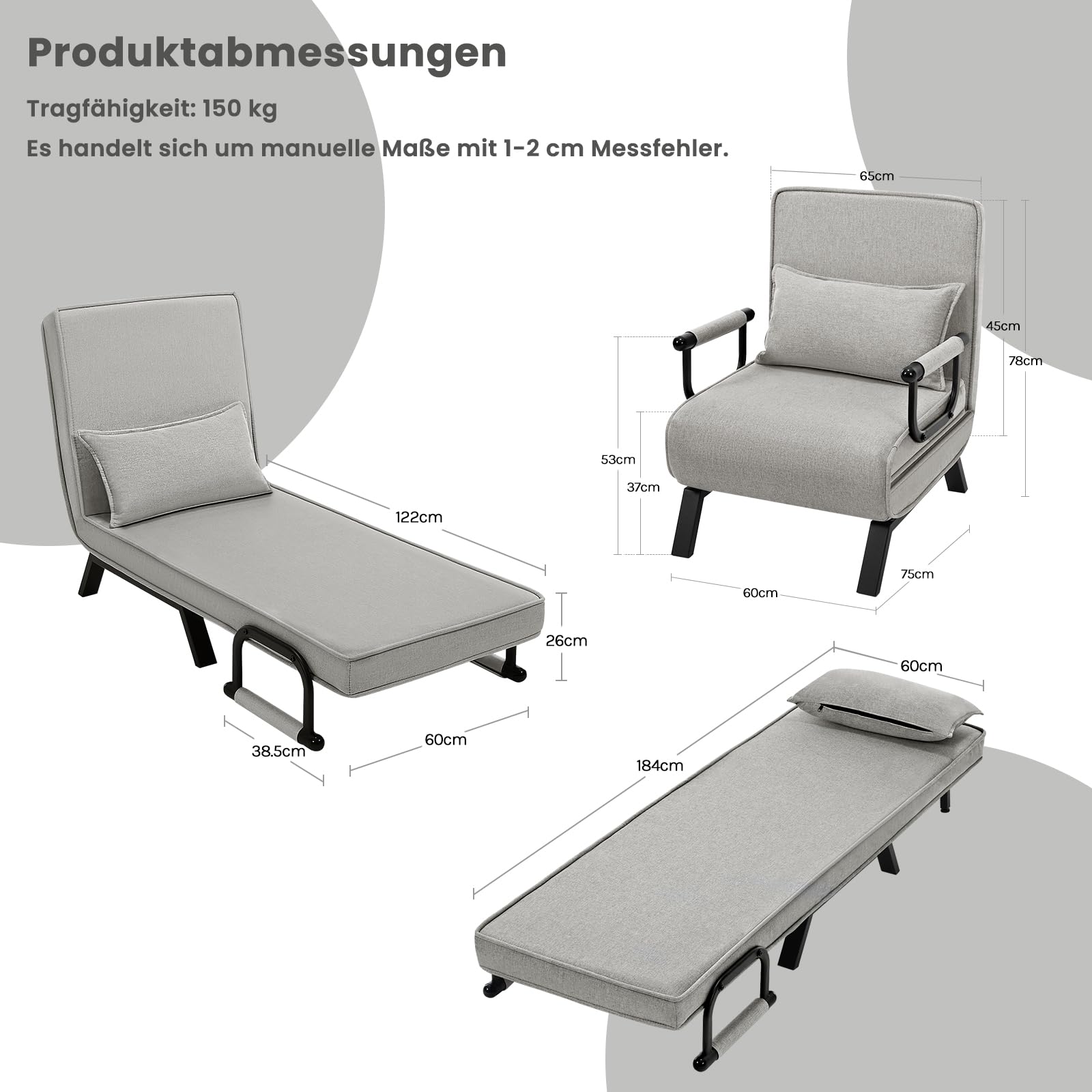 Fauteuil-lit Woltu - 3 en 1 - Dossier réglable - Lin - 65 x 78 x 75 cm - Gris clair