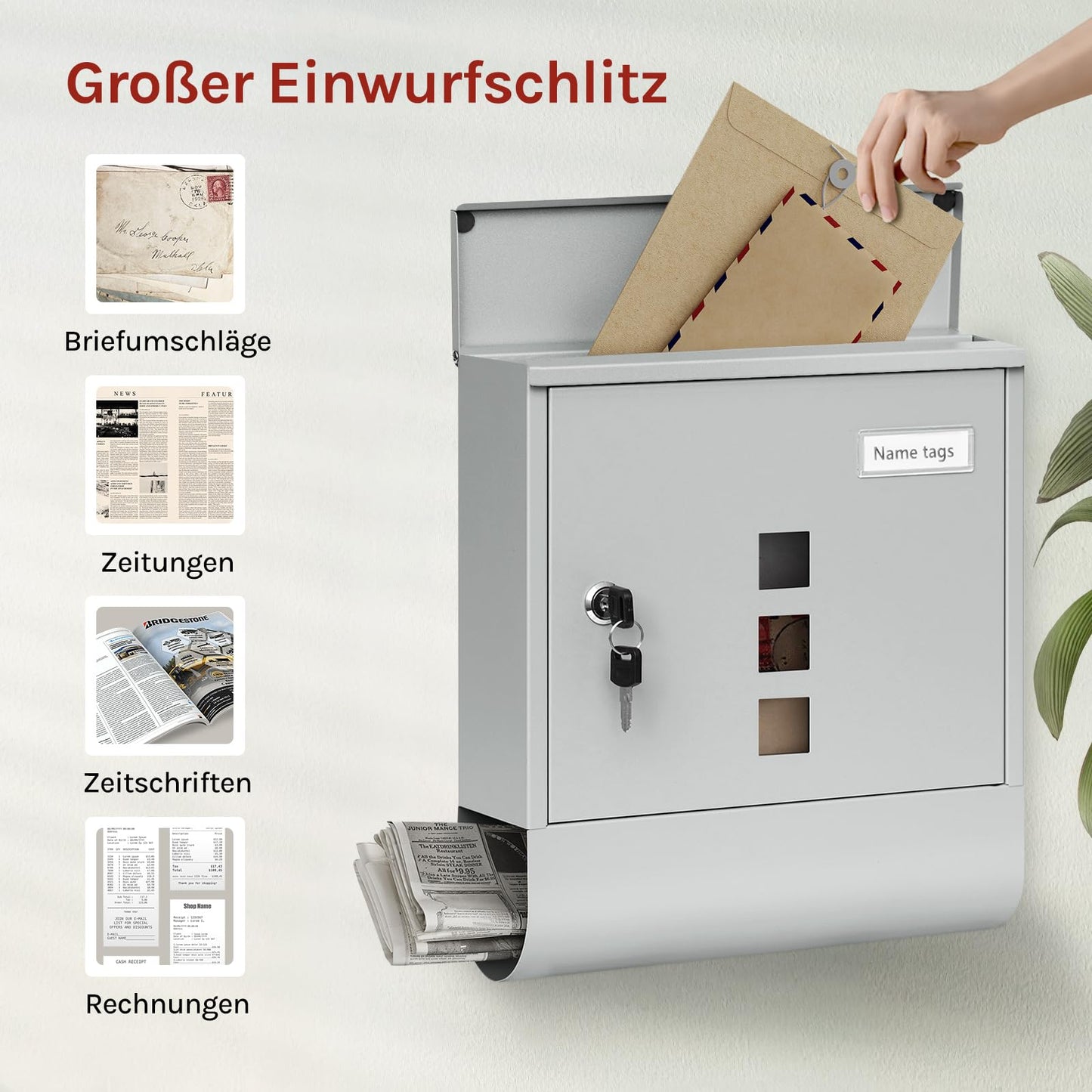Boîte aux lettres murale Woltu - 30,5 x 33,5 x 9 cm - Verrouillable - Compartiment à journaux - Gris