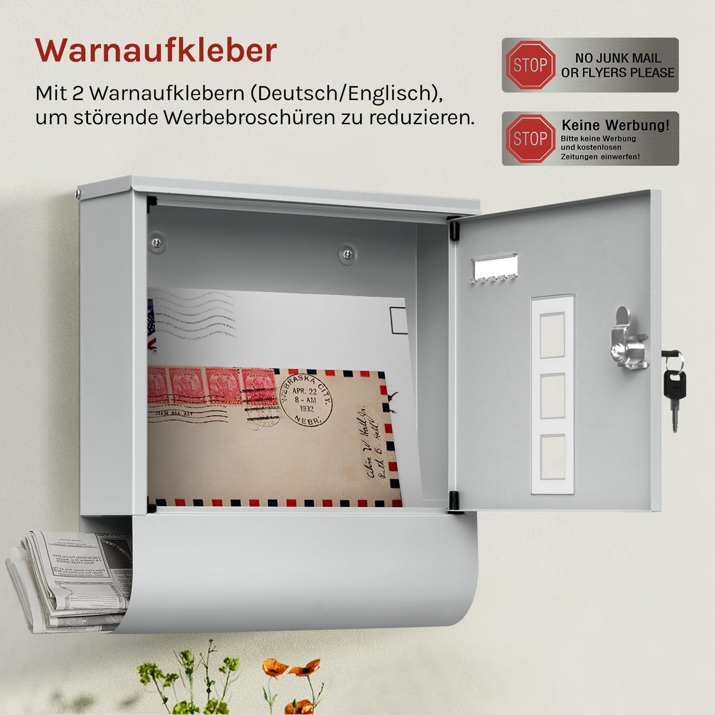 Boîte aux lettres murale Woltu - 30,5 x 33,5 x 9 cm - Verrouillable - Compartiment à journaux - Gris