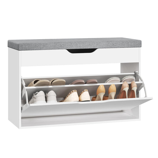 Banc à chaussures Woltu - 80 x 51 x 30 cm - 2 niveaux - Coussin d'assise - Blanc/Gris clair
