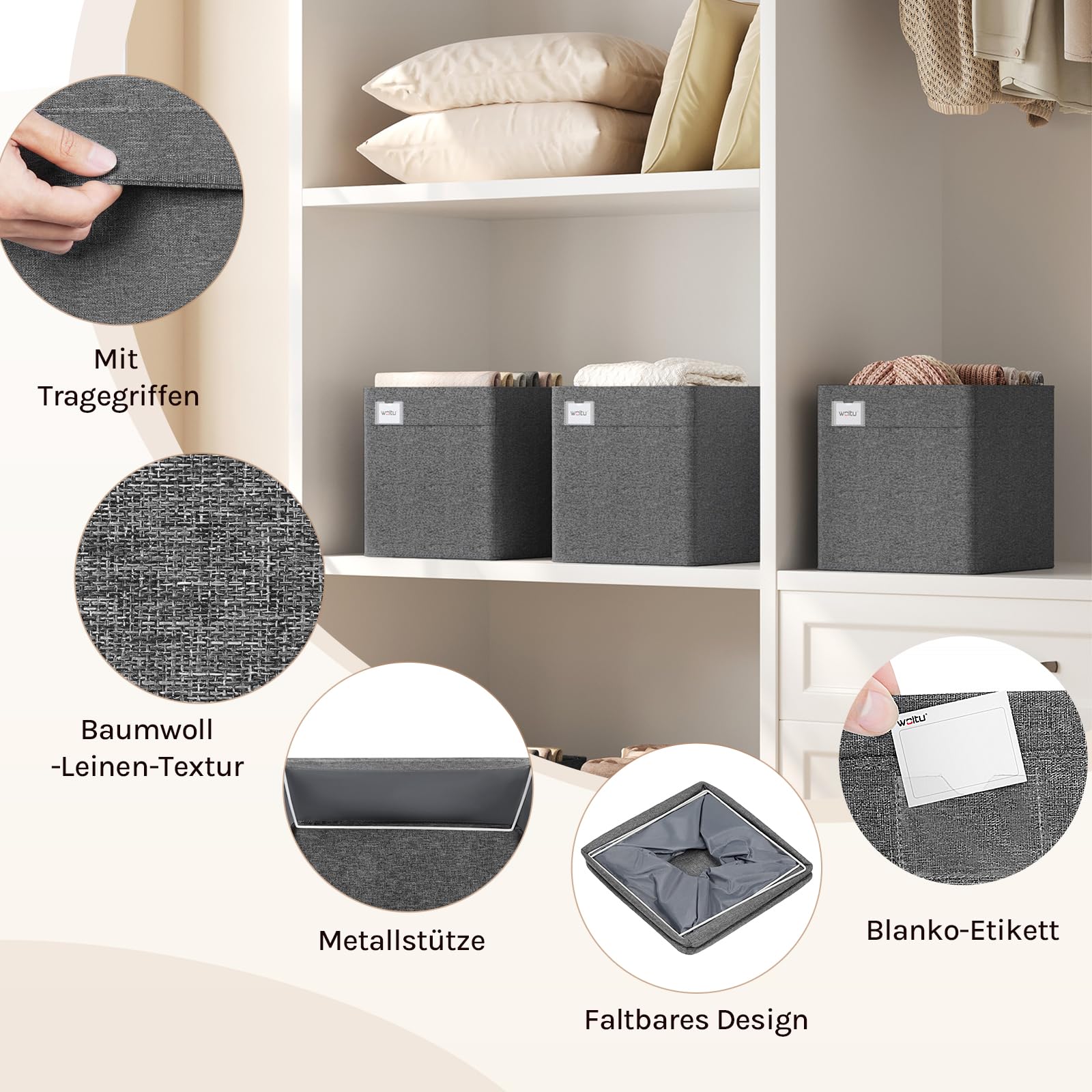 Boîtes de rangement Woltu - Lot de 3 - 29 x 29 x 29 cm - Pliables - Gris foncé
