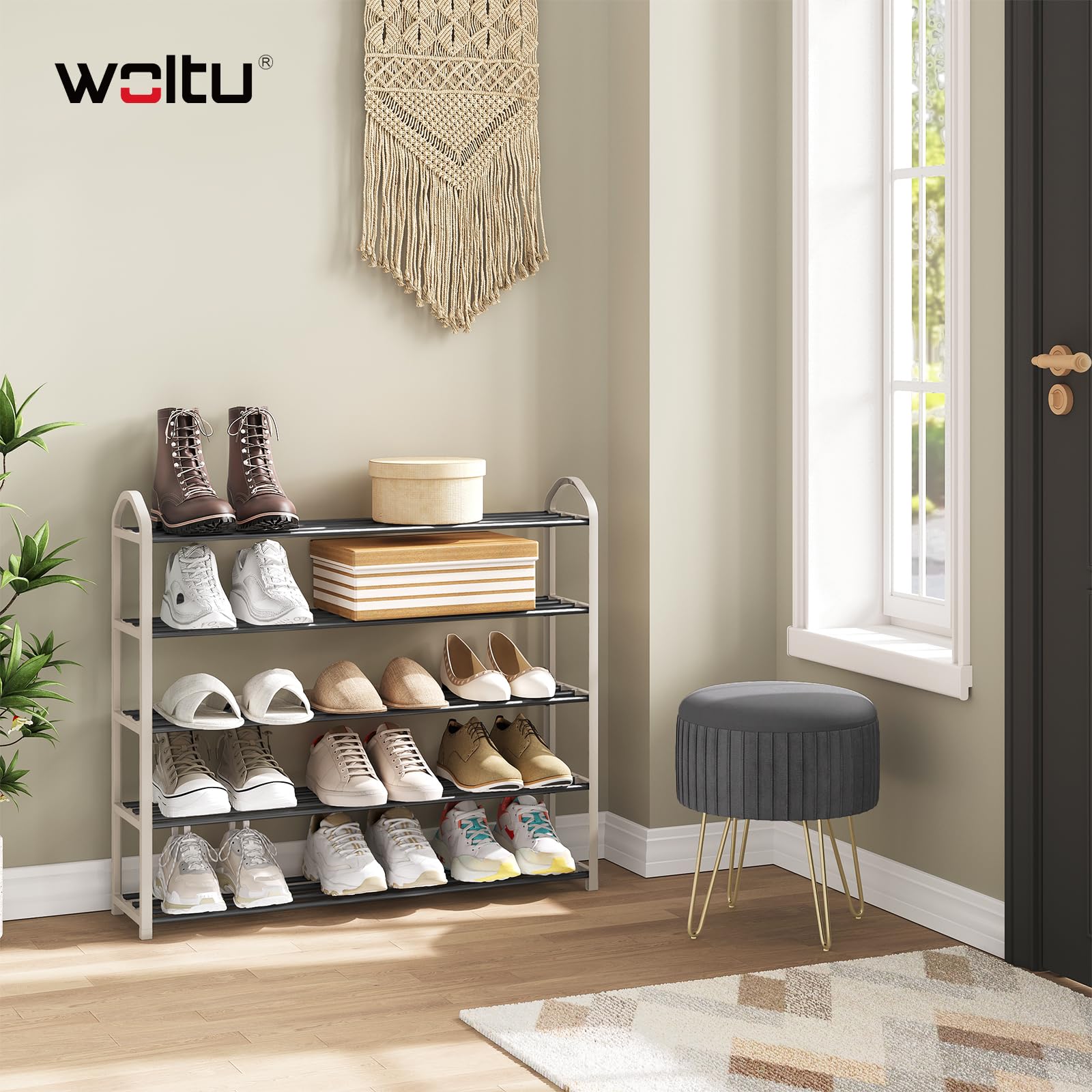 Étagère à chaussures Woltu - 79 x 75 x 18,5 cm - 5 étages - Poignée de transport - Gris/Crème